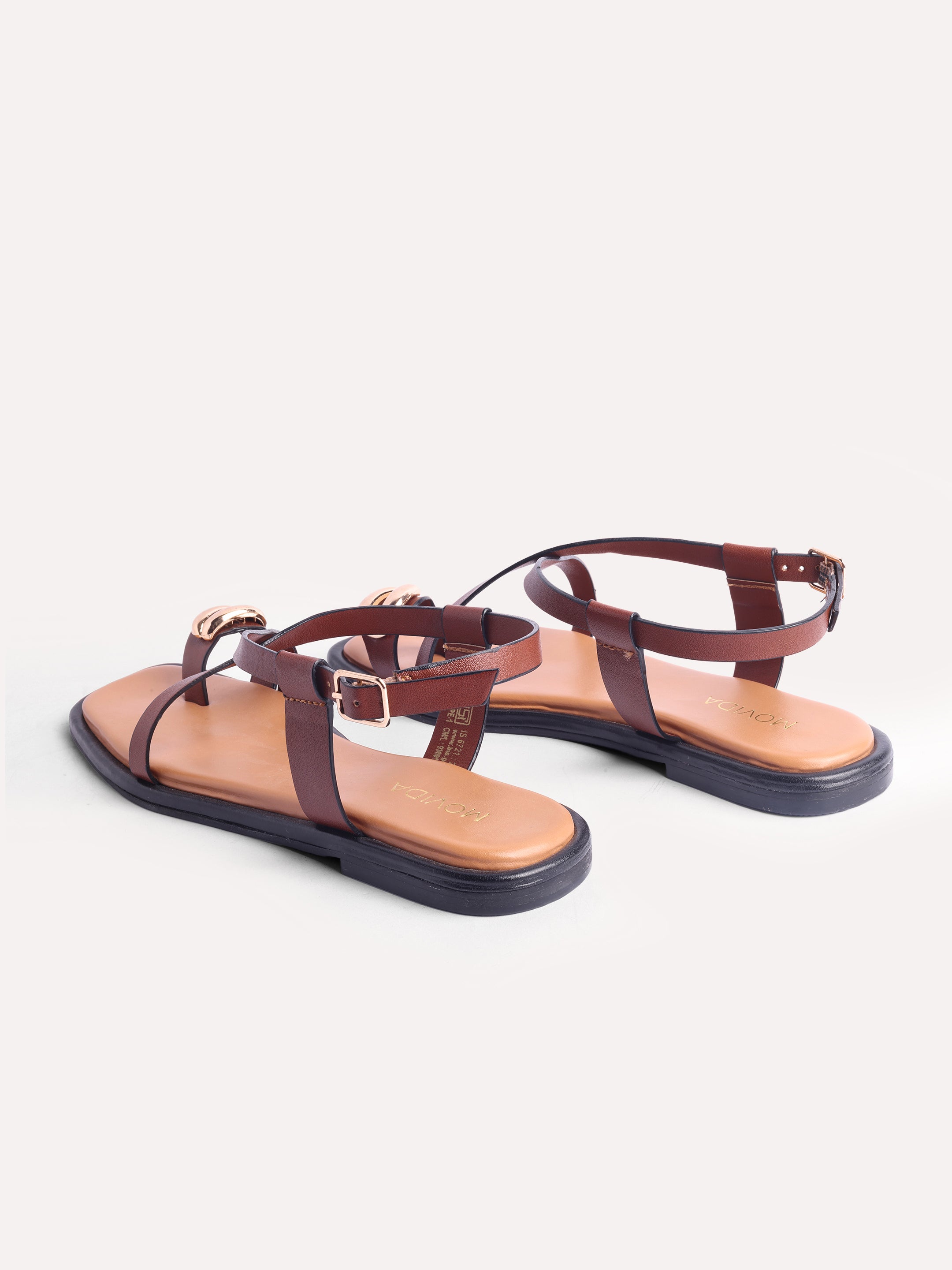 Flat Metallic Toe Ring Strap Sandals - Brown