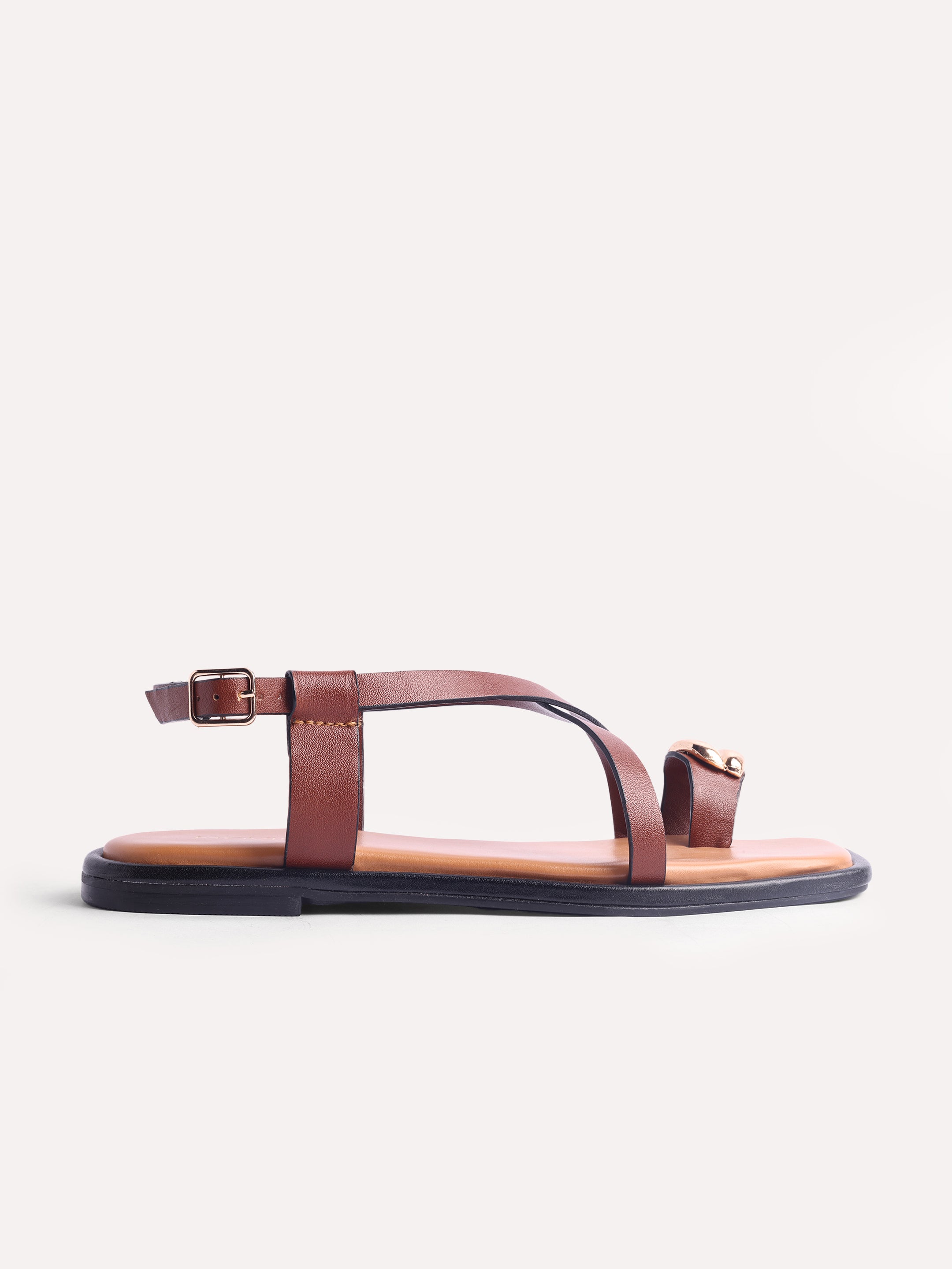 Flat Metallic Toe Ring Strap Sandals - Brown