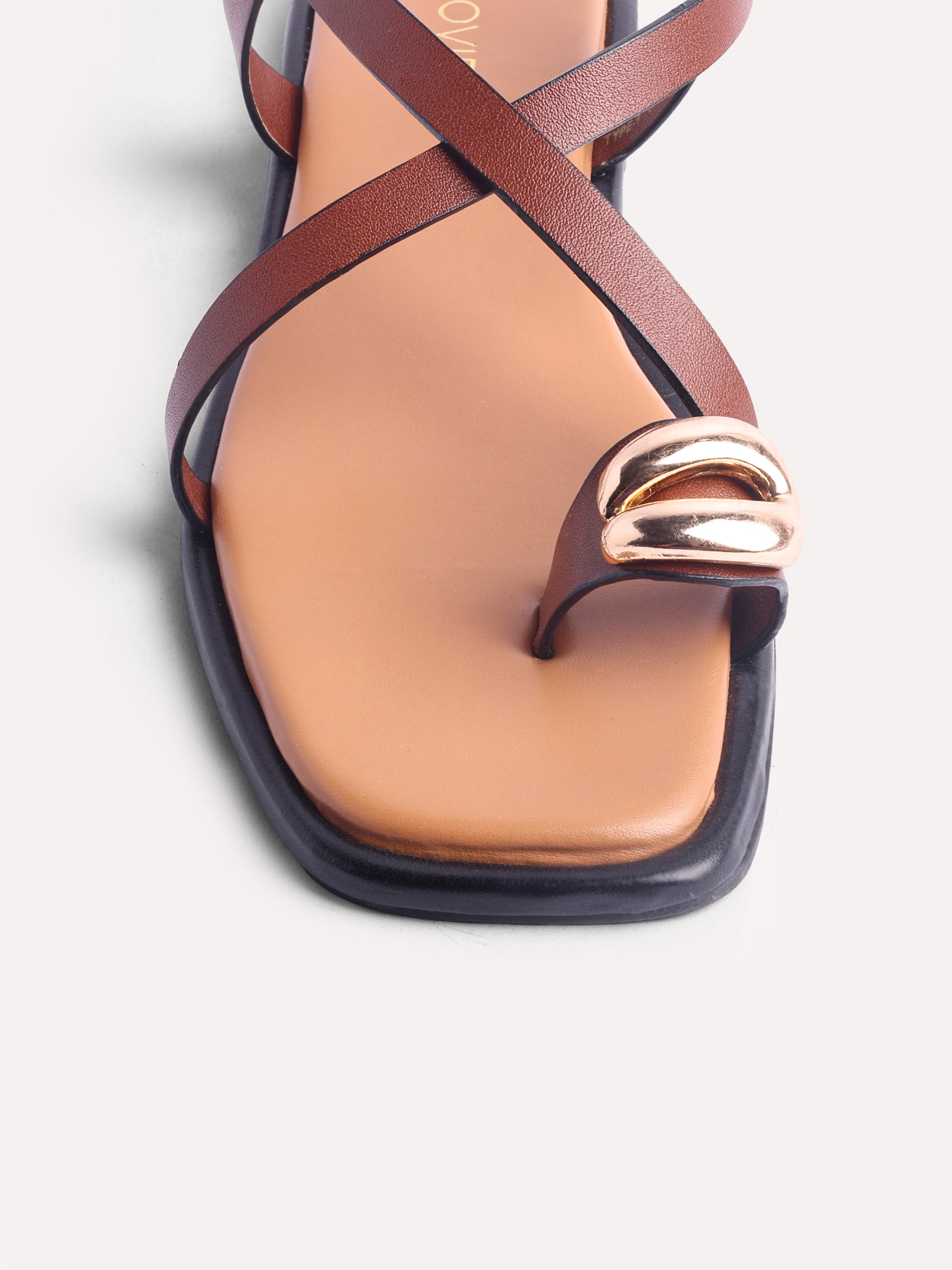 Flat Metallic Toe Ring Strap Sandals - Brown
