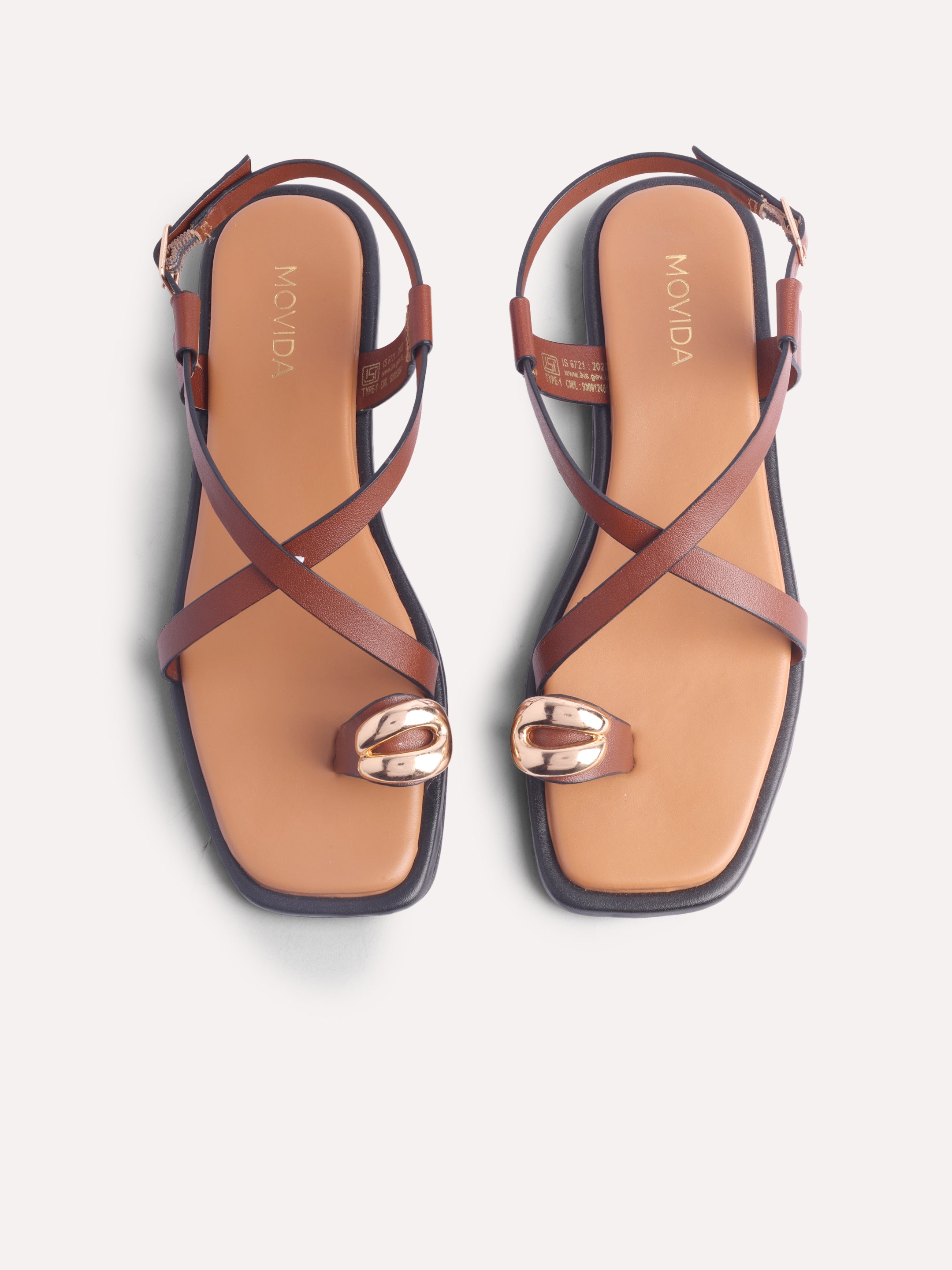 Flat Metallic Toe Ring Strap Sandals - Brown