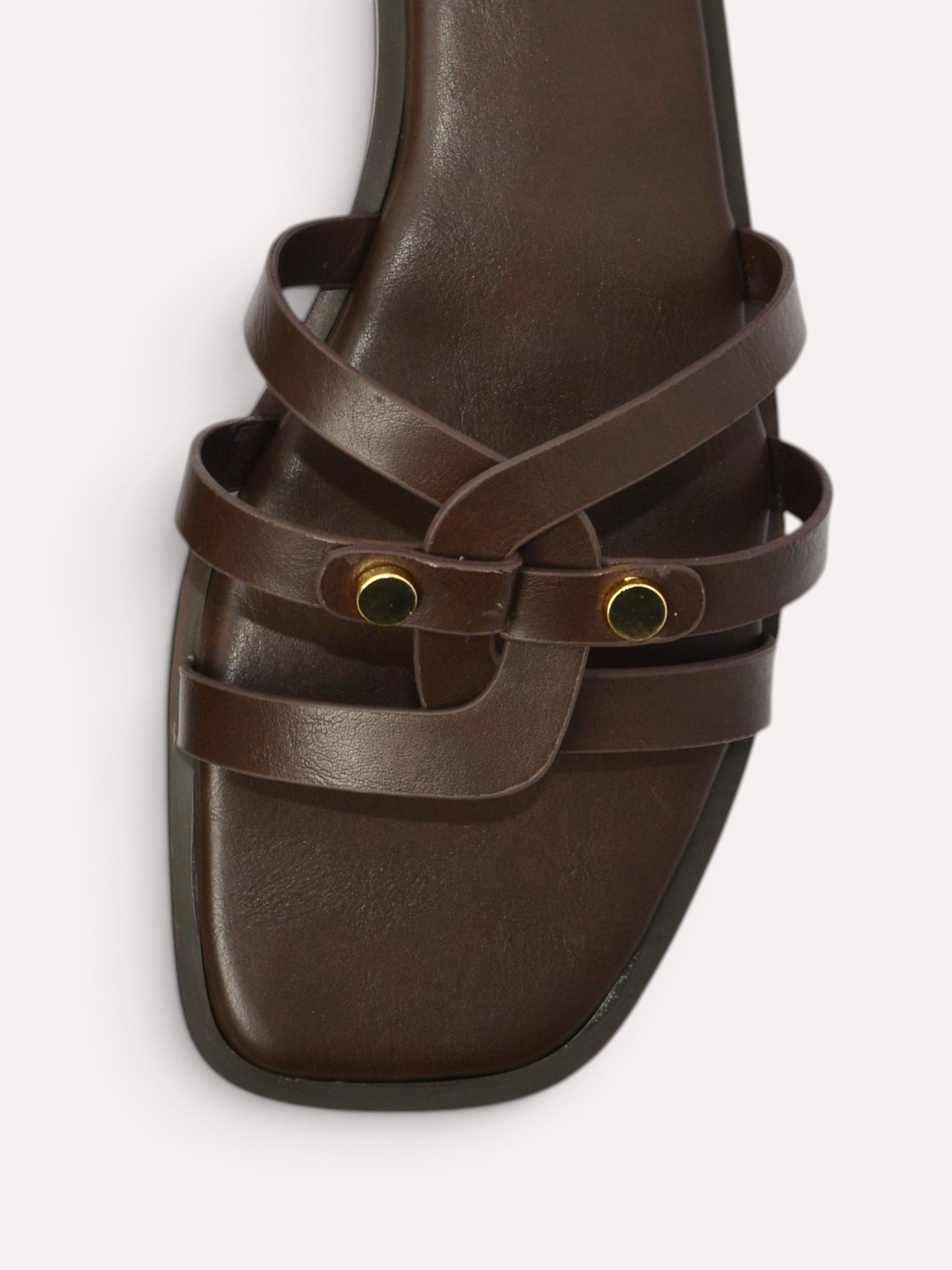 Trio Gold Rivet Triple Strap Flat Slide – Brown