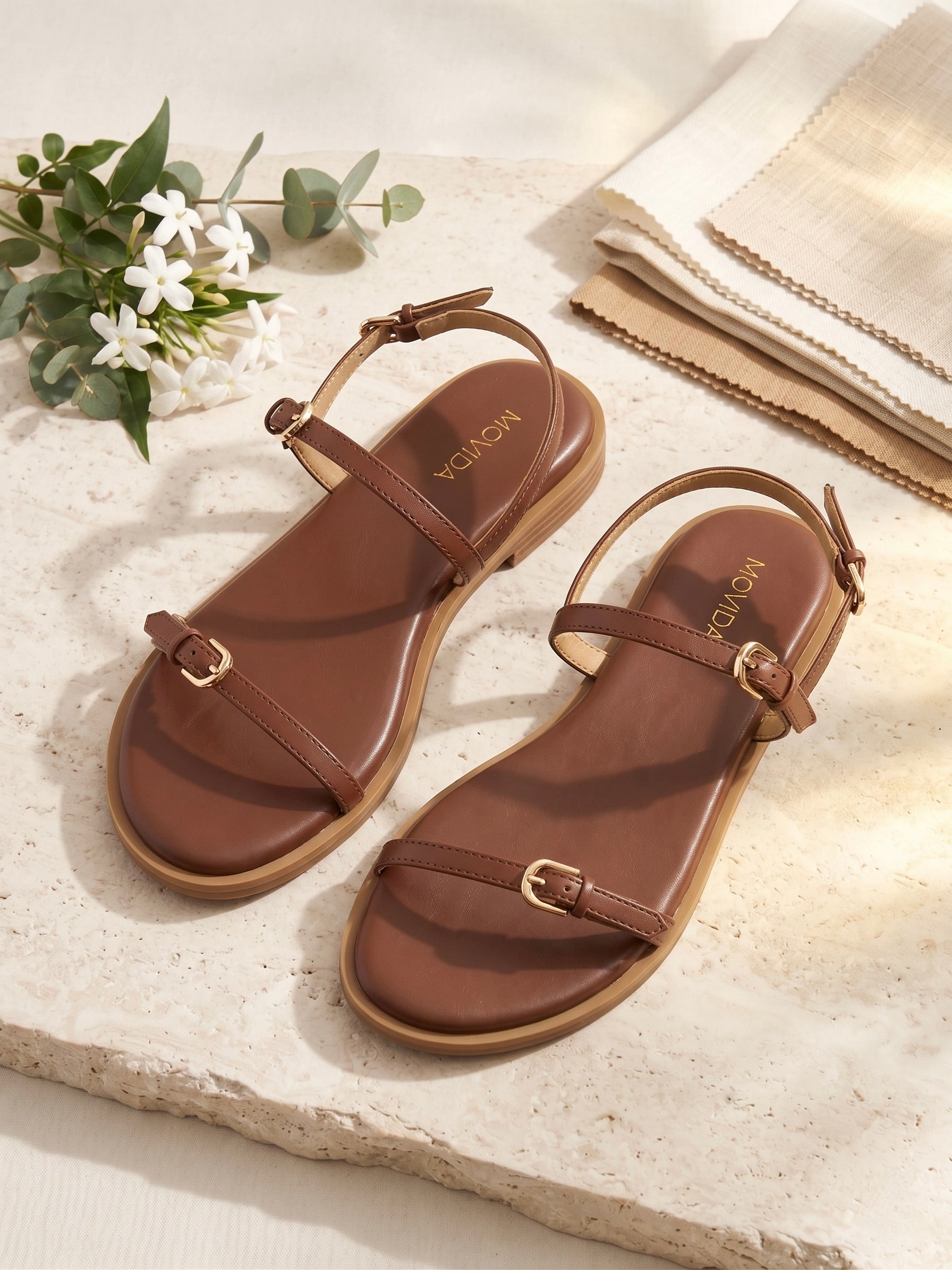 Buckled Flat Strap Sandal - Dark Brown