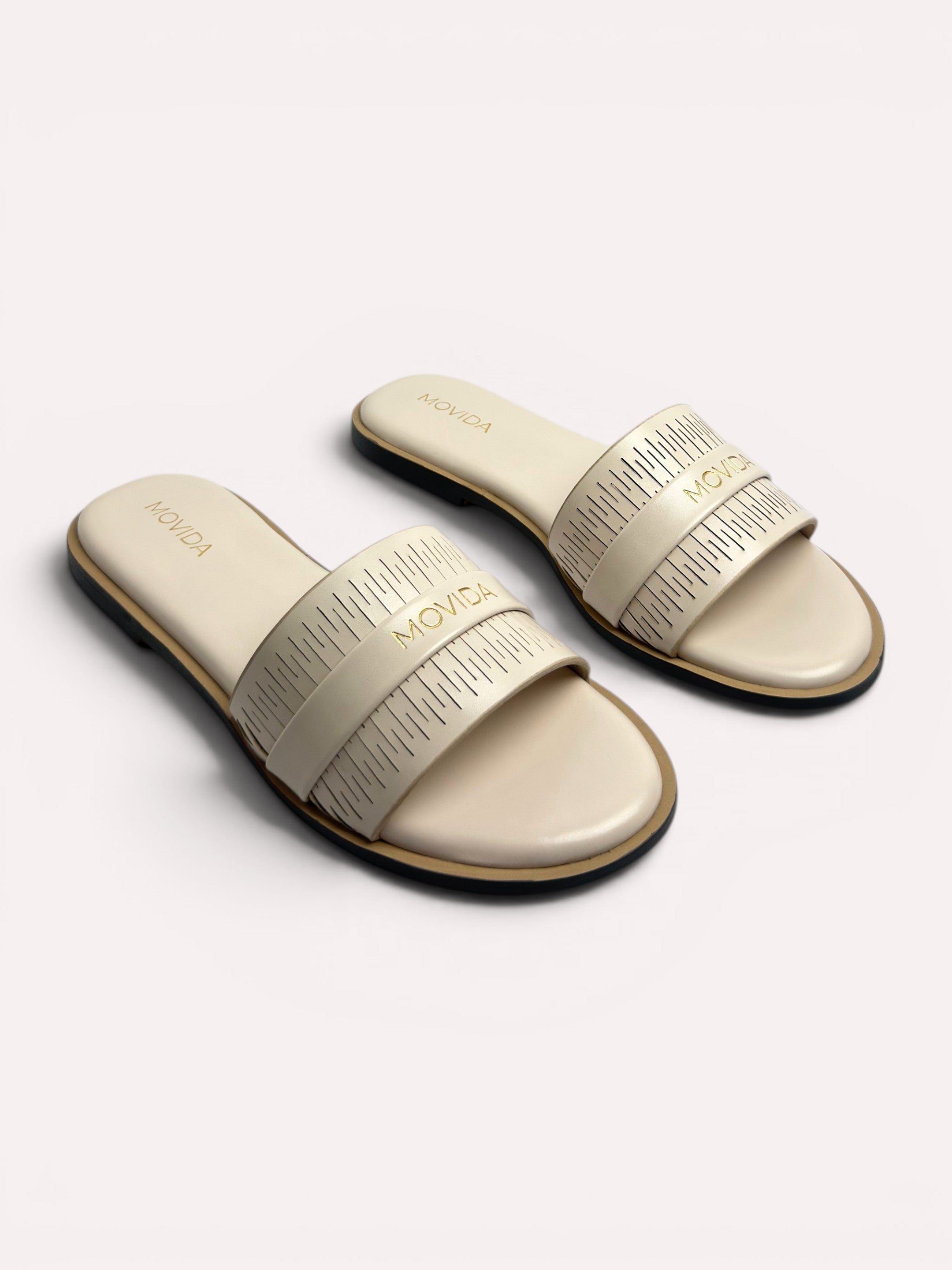 Lara Perforated Logo Strap Flat Slide – Cream
