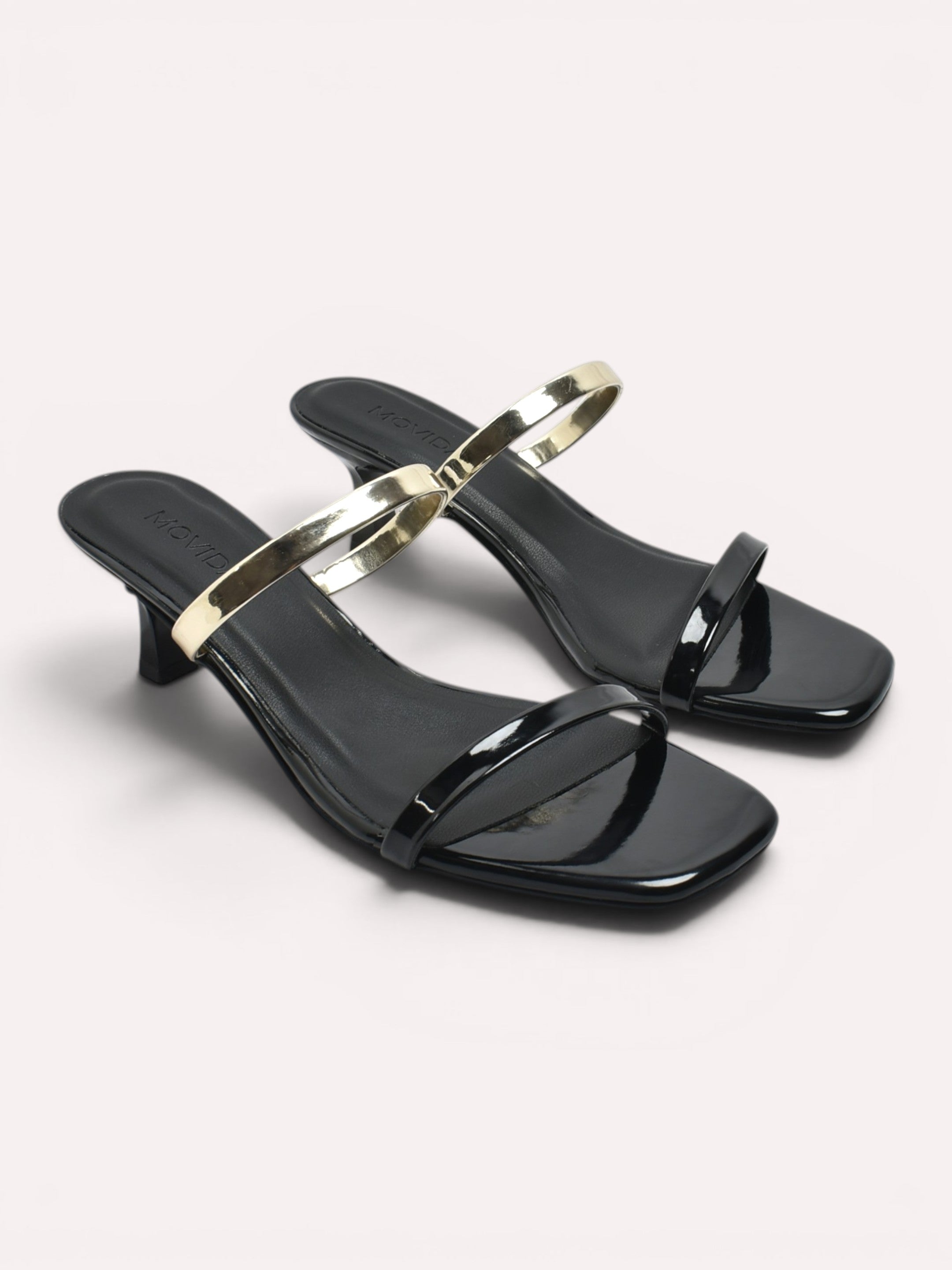 Reva Dual Strap Gold Bar Kitten Heel Mule – Black