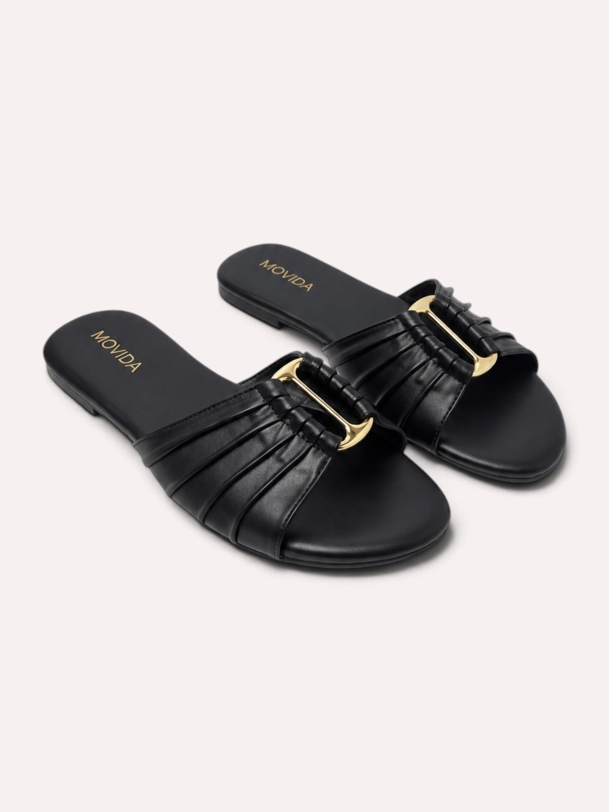 Plisse Gold-Bar Multi-Strap Flat Slide – Black – Pair Top View
