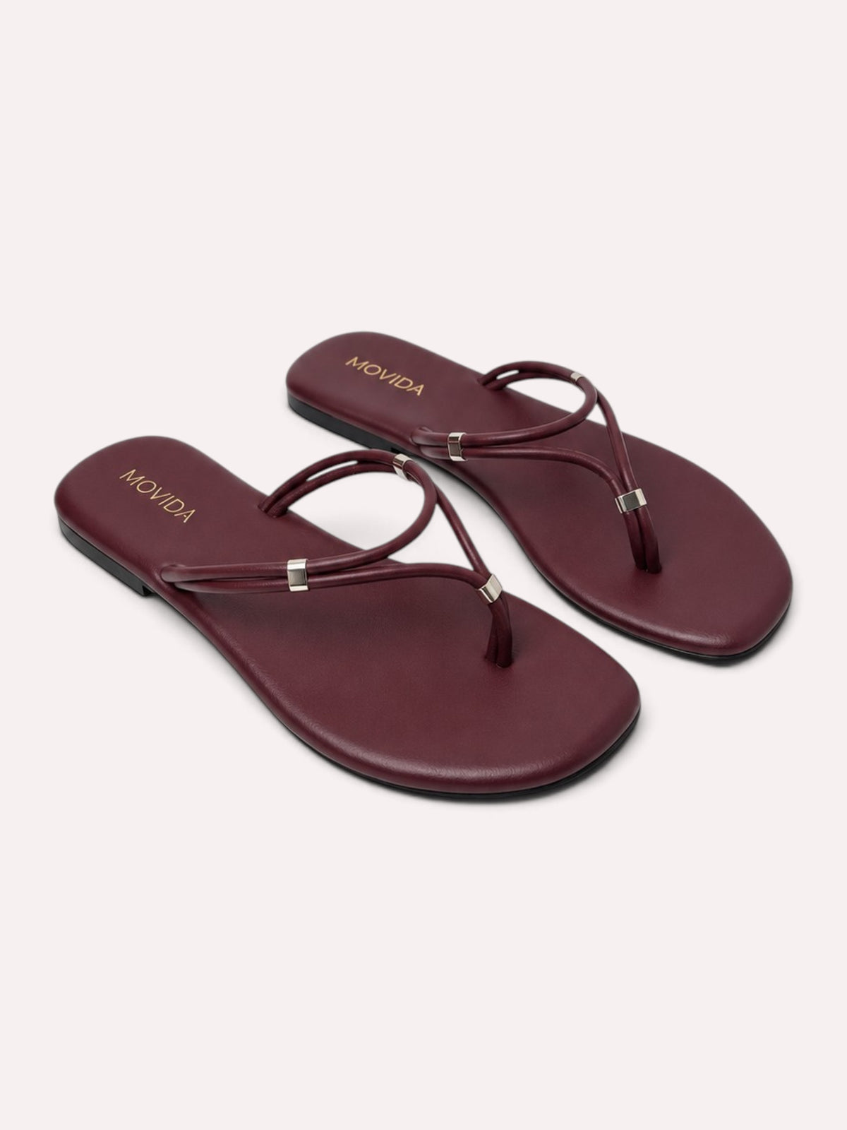 Lino Silver-Trim Dual-Strap Toe-Ring Flat Sandal – Wine – Pair Top View