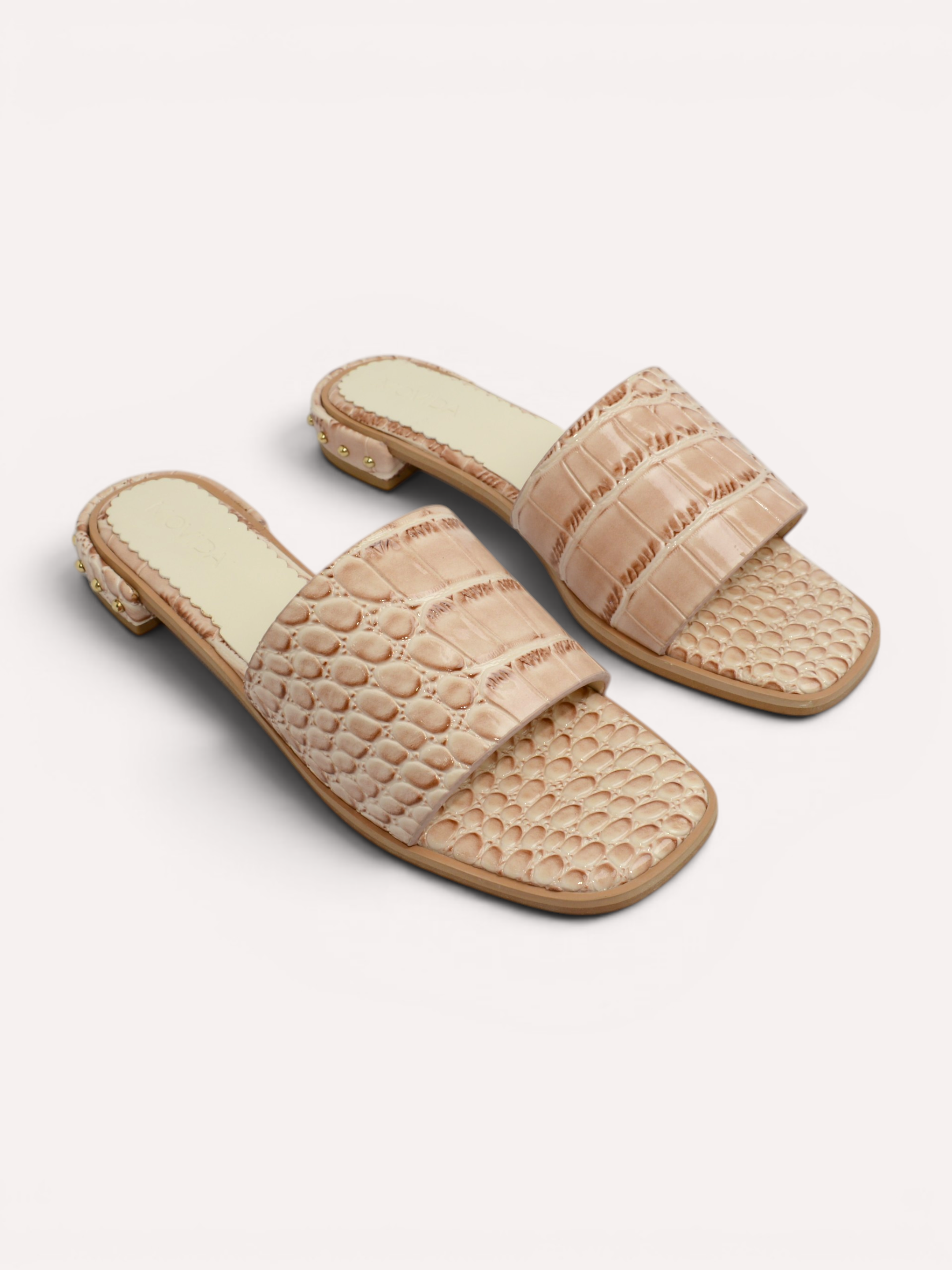 Harlow Patent Croco H-Bar Stud Slide – Beige