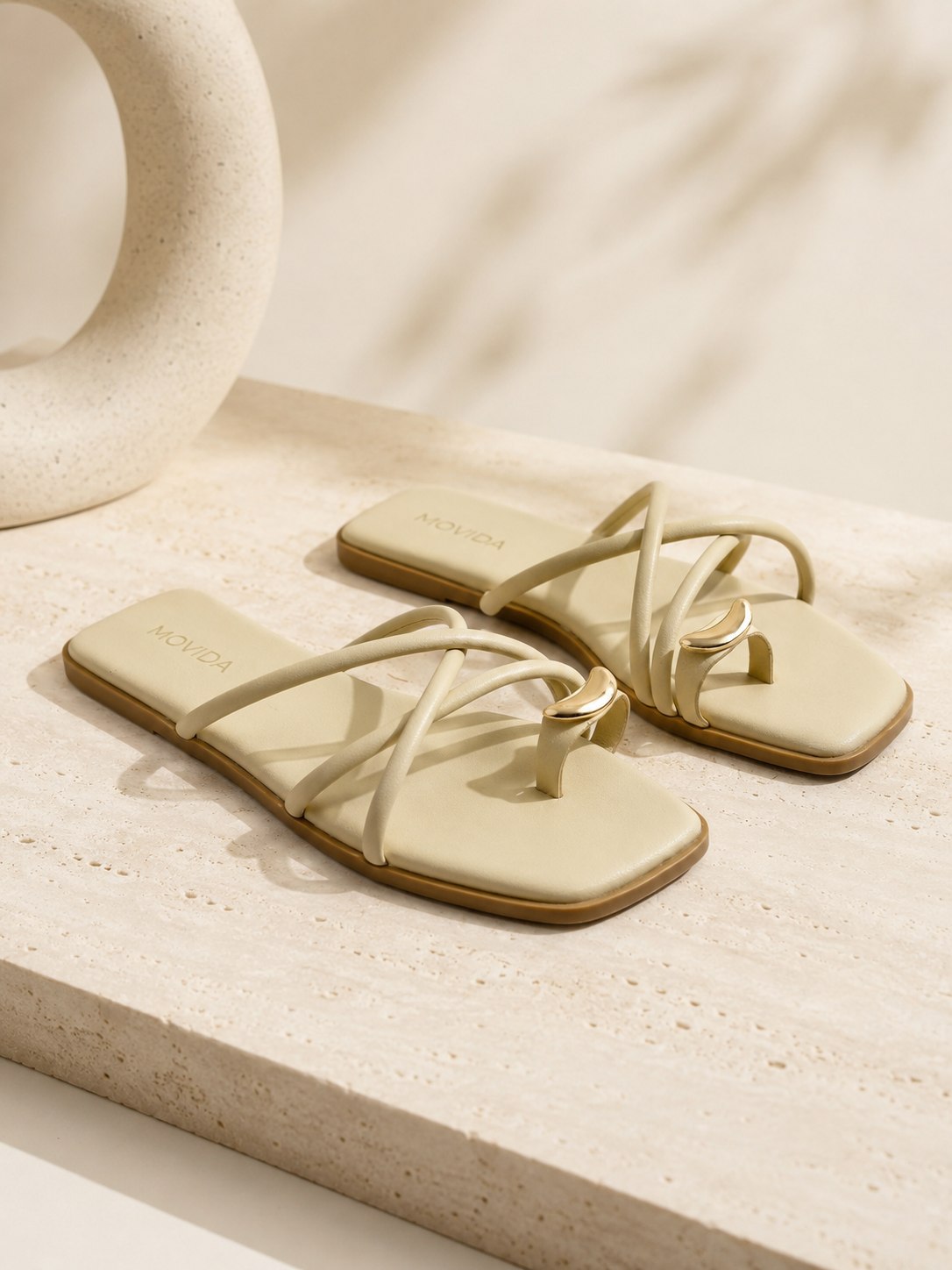 Luna Crescent Multi-Strap Toe Ring Flat Slide - Cream