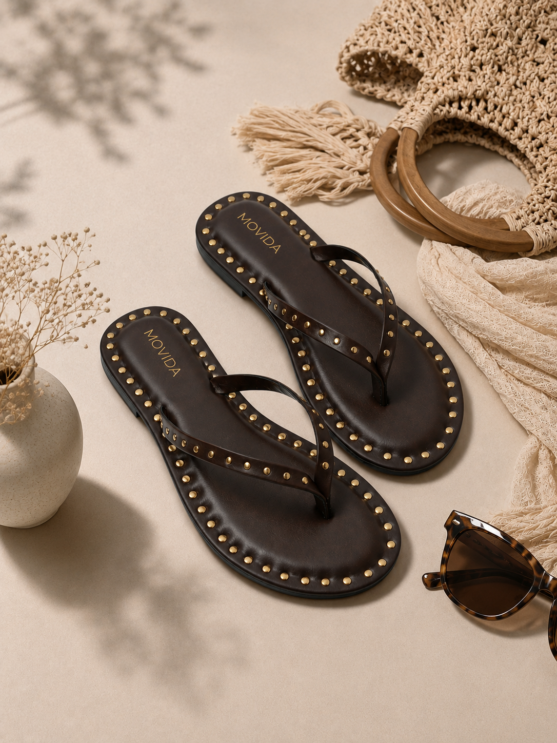 Flat V Straps Strap with Studs Sandal - Brown