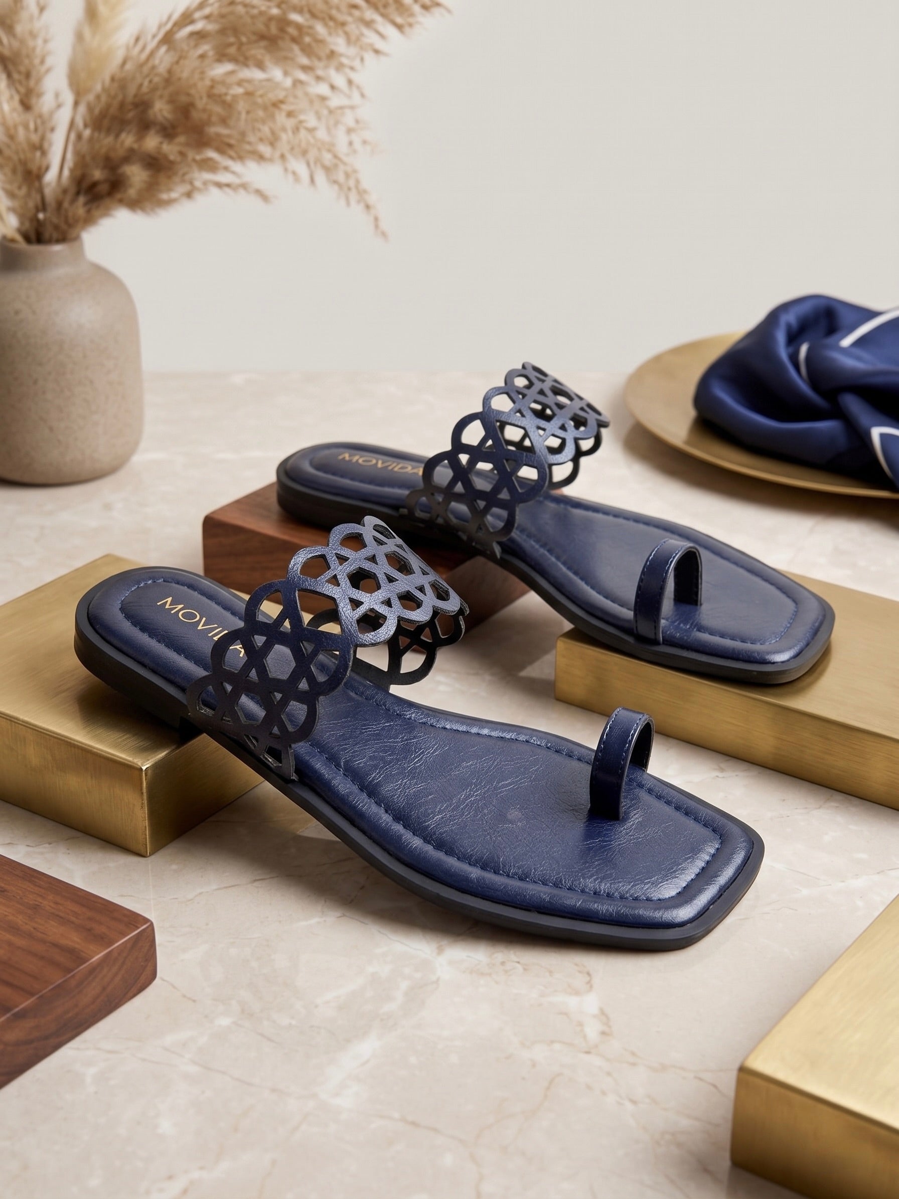 Veda Lattice Toe Ring Flat Sandal – Navy Blue