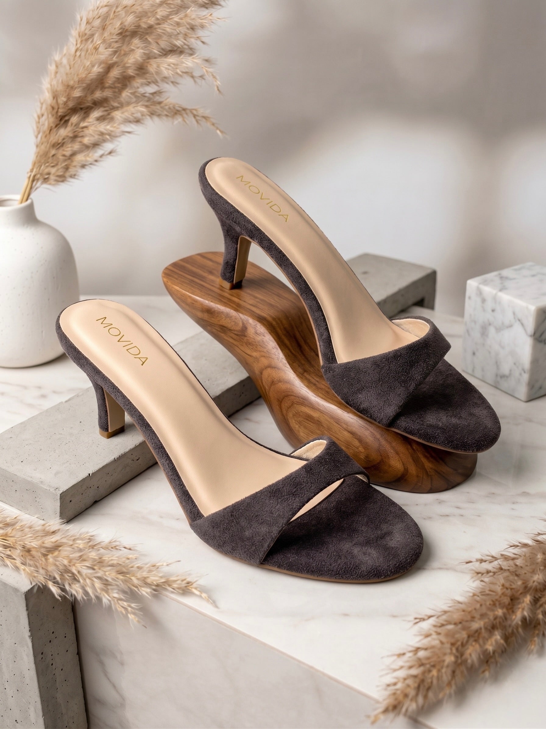 Rosette Suede Single Strap Kitten Heel Mule – Coffee Brown