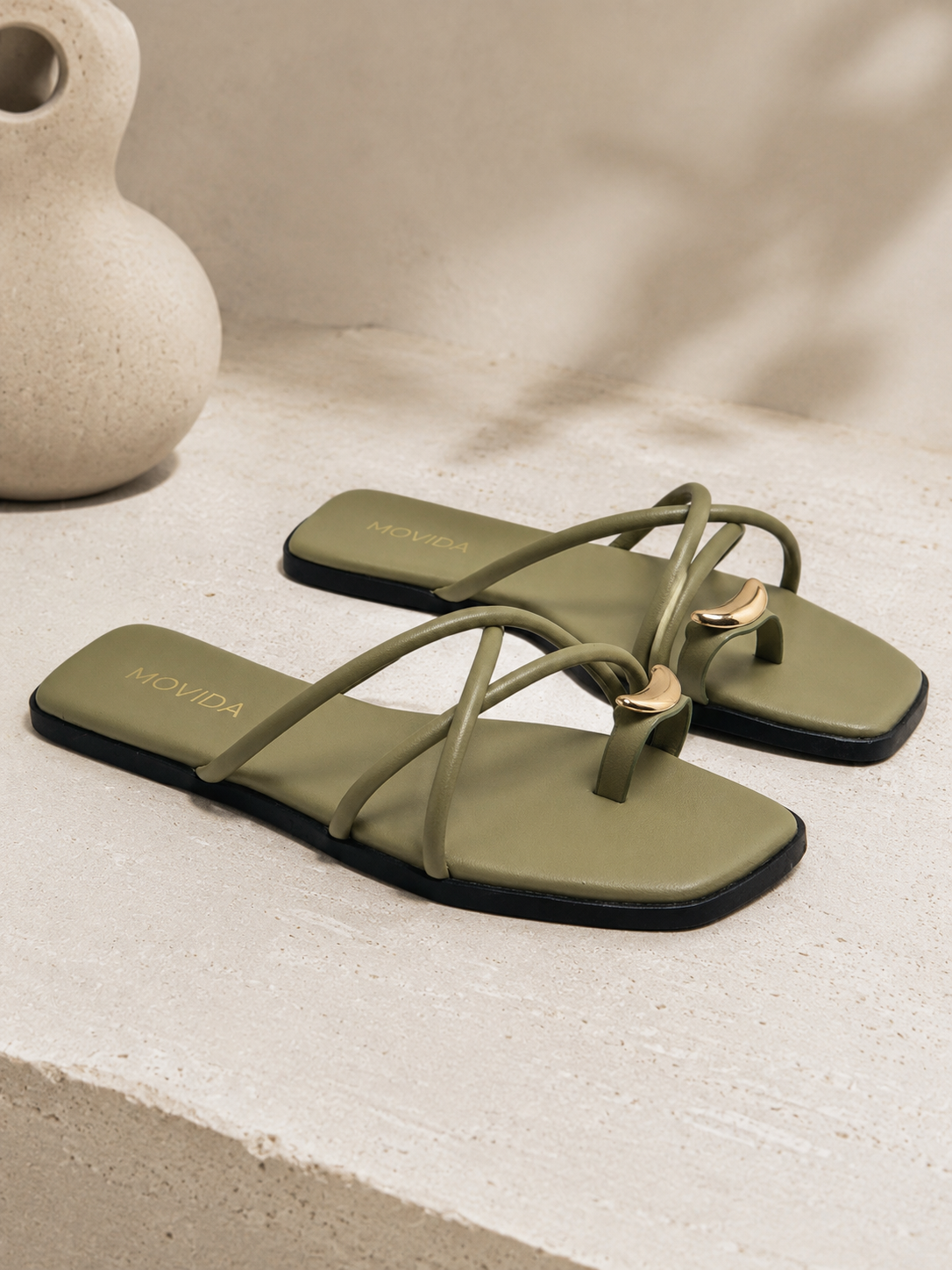 Luna Crescent Multi-Strap Toe Ring Flat Slide - Olive