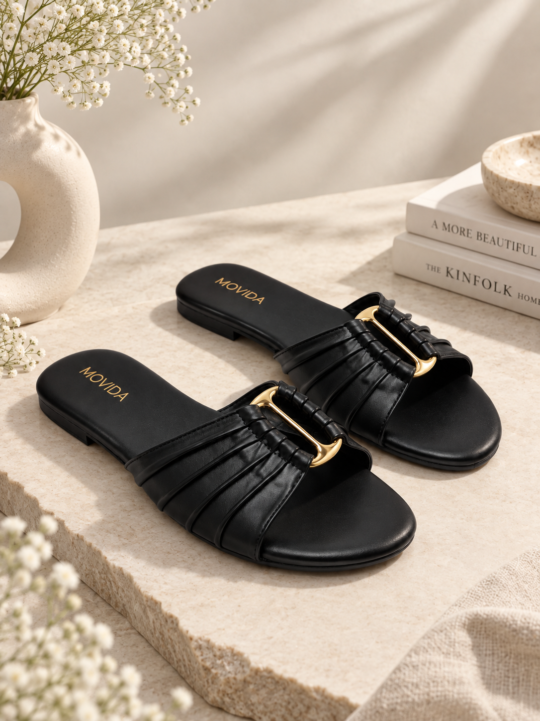 Plisse Gold-Bar Multi-Strap Flat Slide – Black