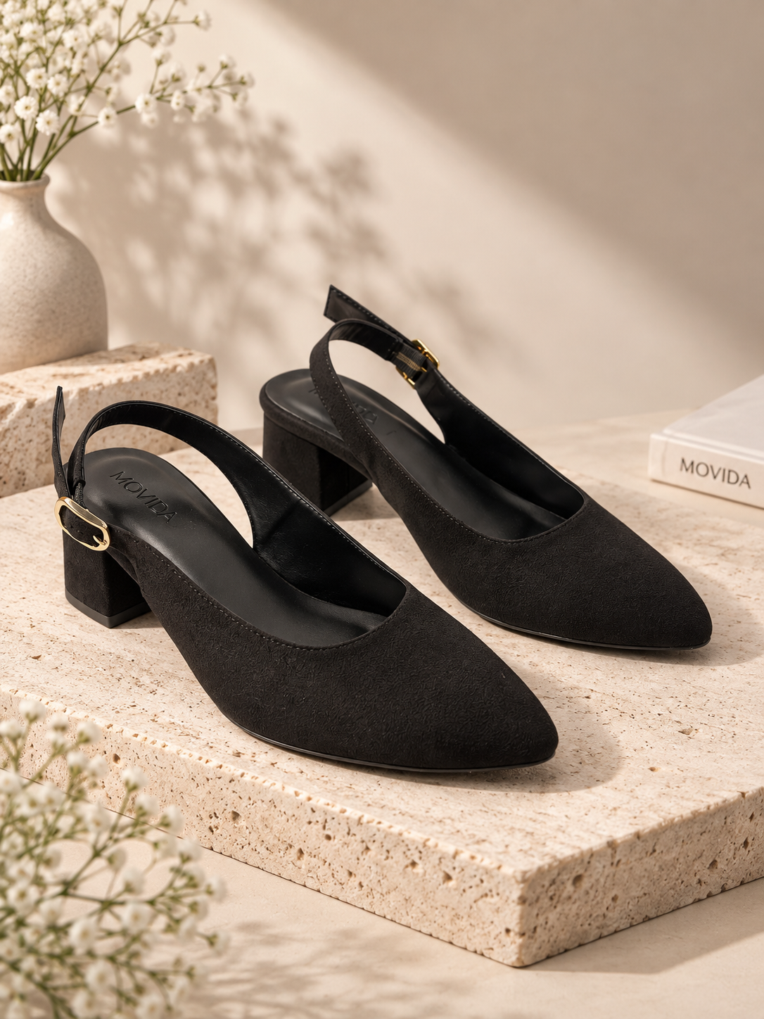 Bardot Pointed-Toe Slingback Block Heel – Black