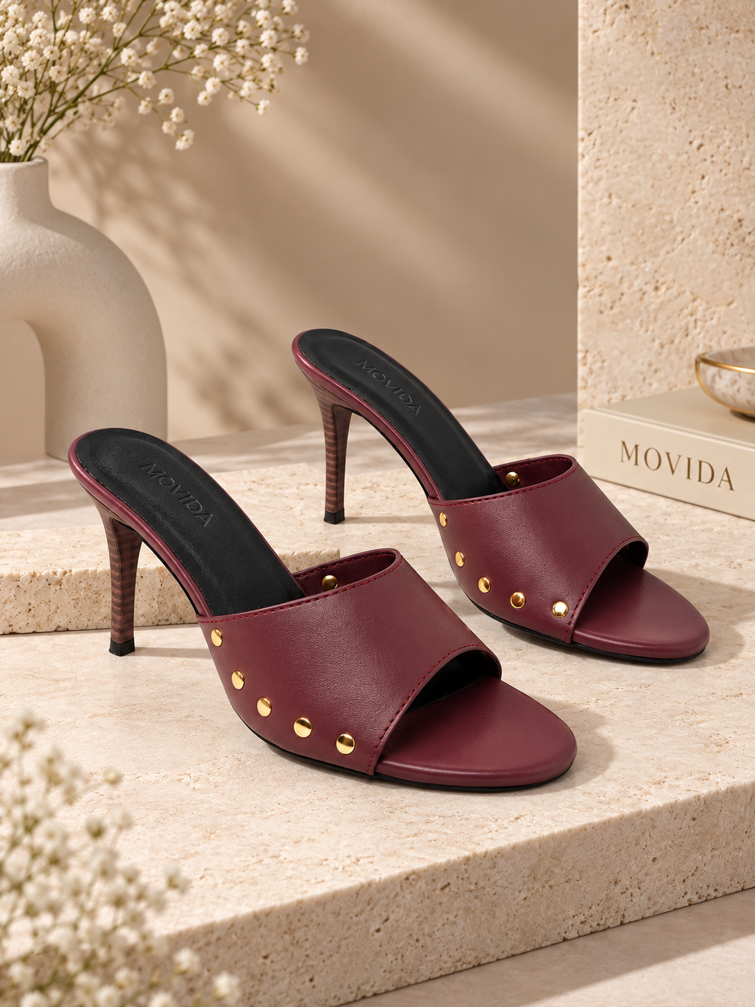 Rocco Gold-Stud Wide-Band Stiletto Mule – Wine