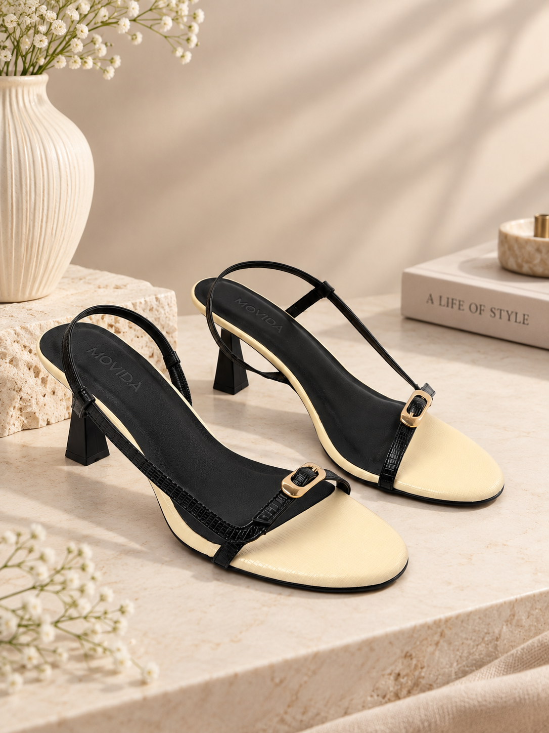 Sienna Lizard-Embossed Slingback Sculptural Heel – Black & Off White