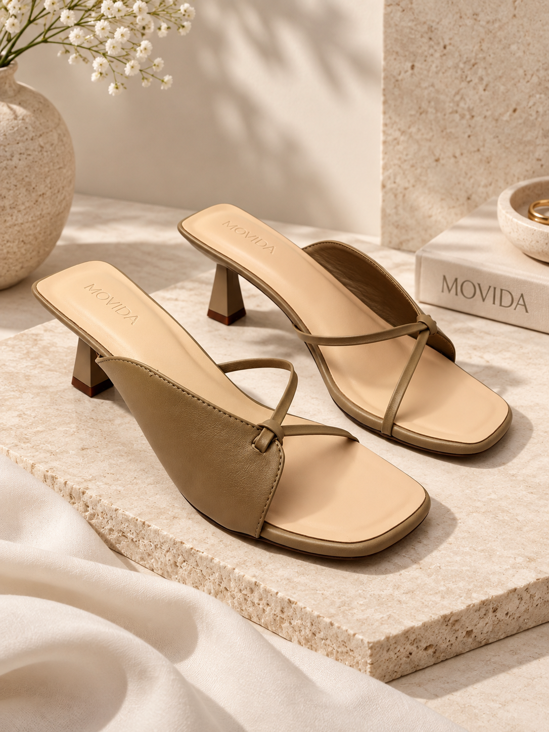 Lumina Sculptural Trumpet-Heel Strappy Mule – Camel