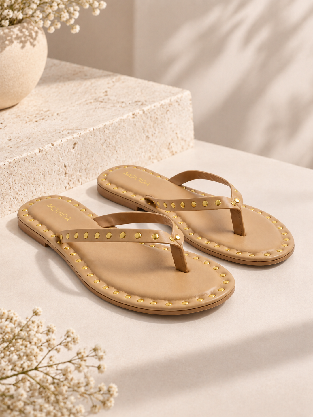 Flat V Straps Strap with Studs Sandal - Light Tan