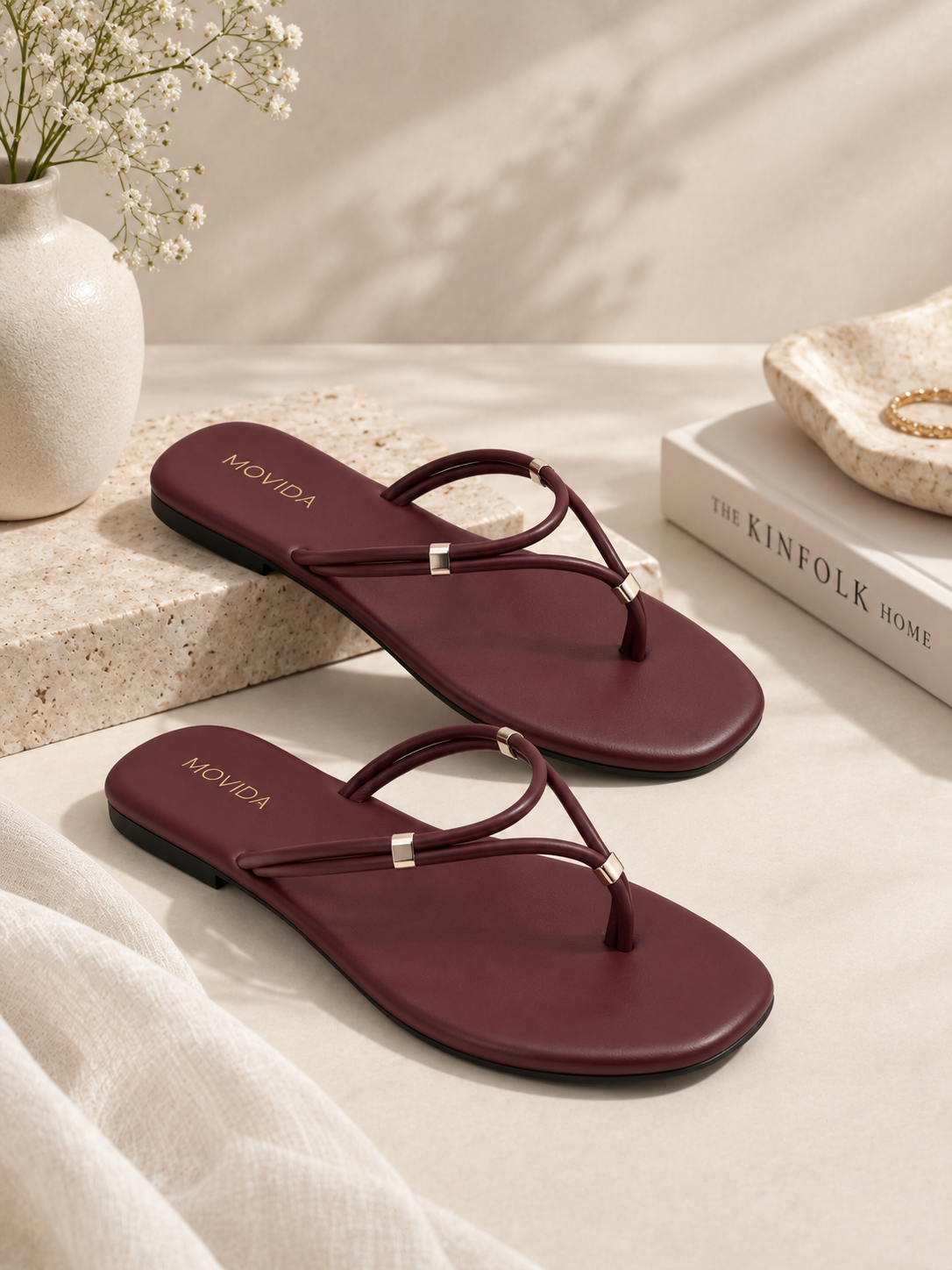 Lino Silver-Trim Dual-Strap Toe-Ring Flat Sandal – Wine