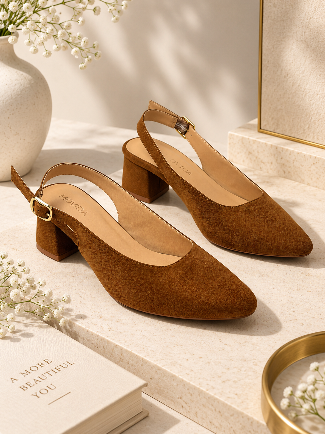 Bardot Pointed-Toe Slingback Block Heel – Tan
