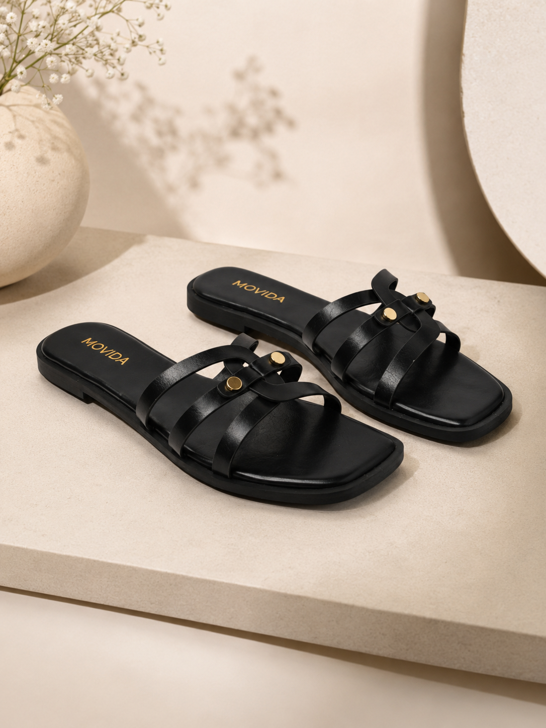 Trio Gold Rivet Triple Strap Flat Slide – Black