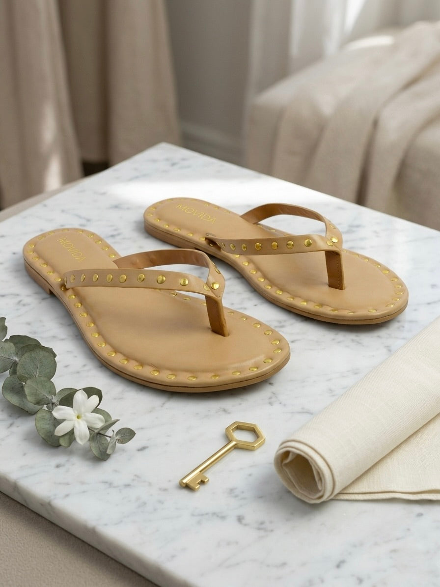Flat V Straps Strap with Studs Sandal - Light Tan