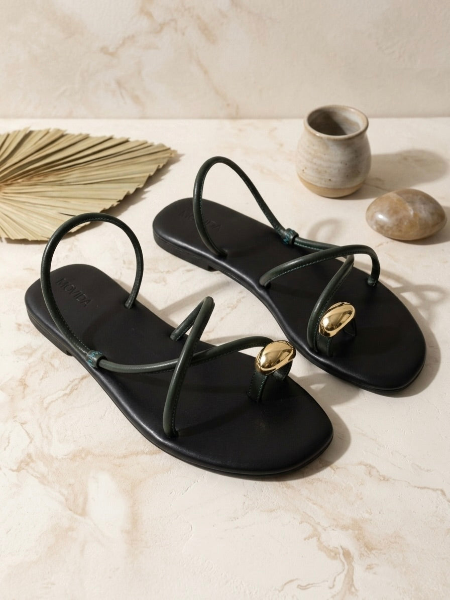 Flat Metallic Toe Ring Sandal - Olive Black