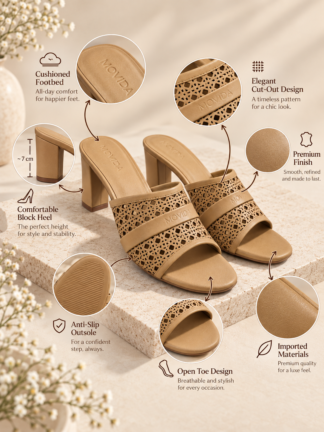 Canela Laser-Cut Mule Block Heel – Camel