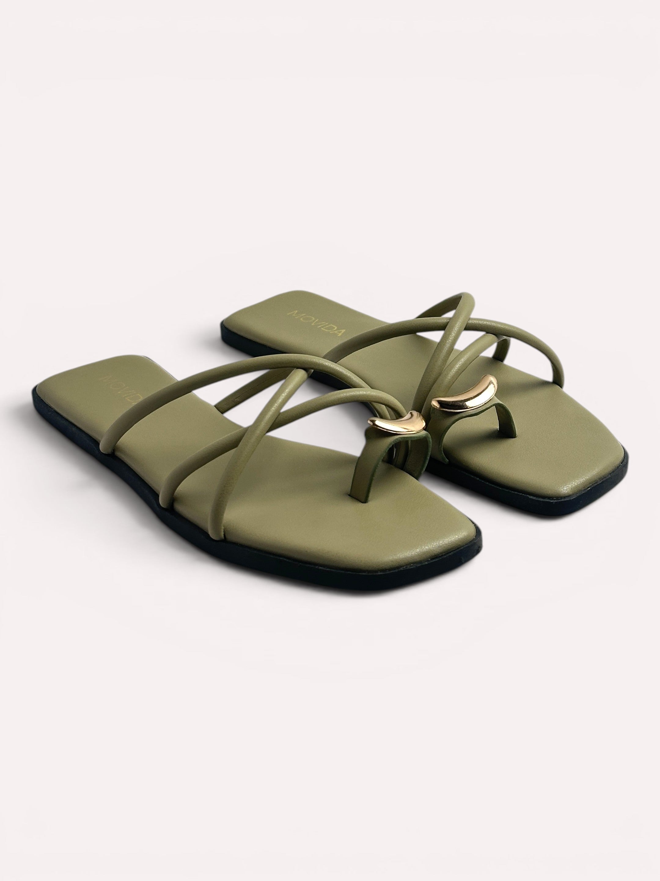 Luna Crescent Multi-Strap Toe Ring Flat Slide - Olive