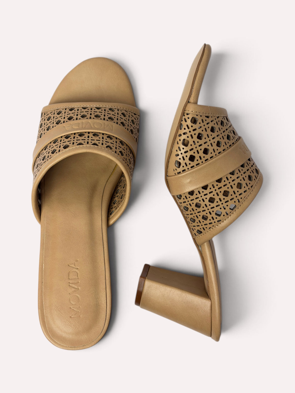 Canela Laser-Cut Mule Block Heel – Camel