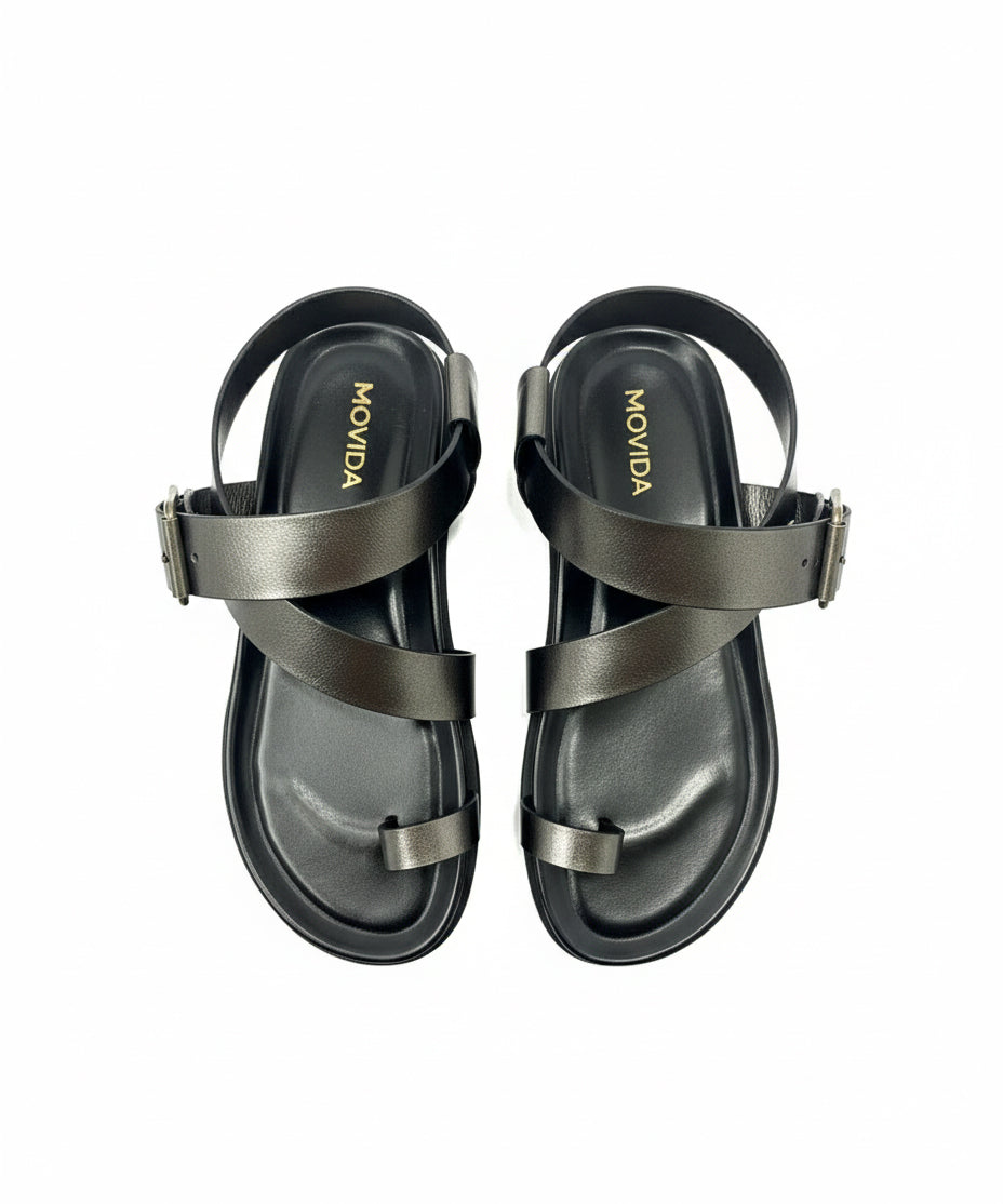 Flat Toe Ring With Cross Strap Sandal - Gun Metal