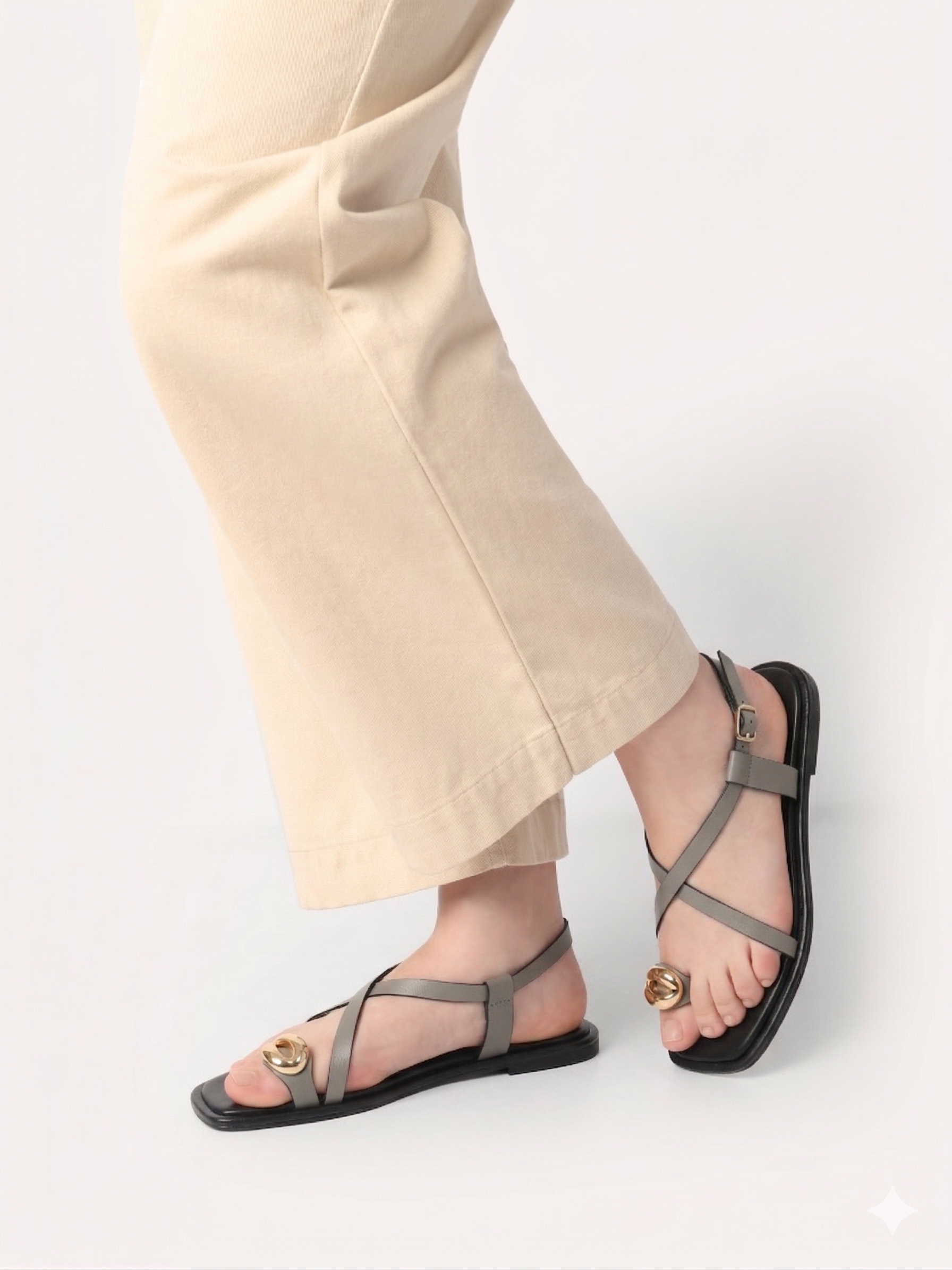 Flat Metallic Toe Ring Strap Sandals - Taupe