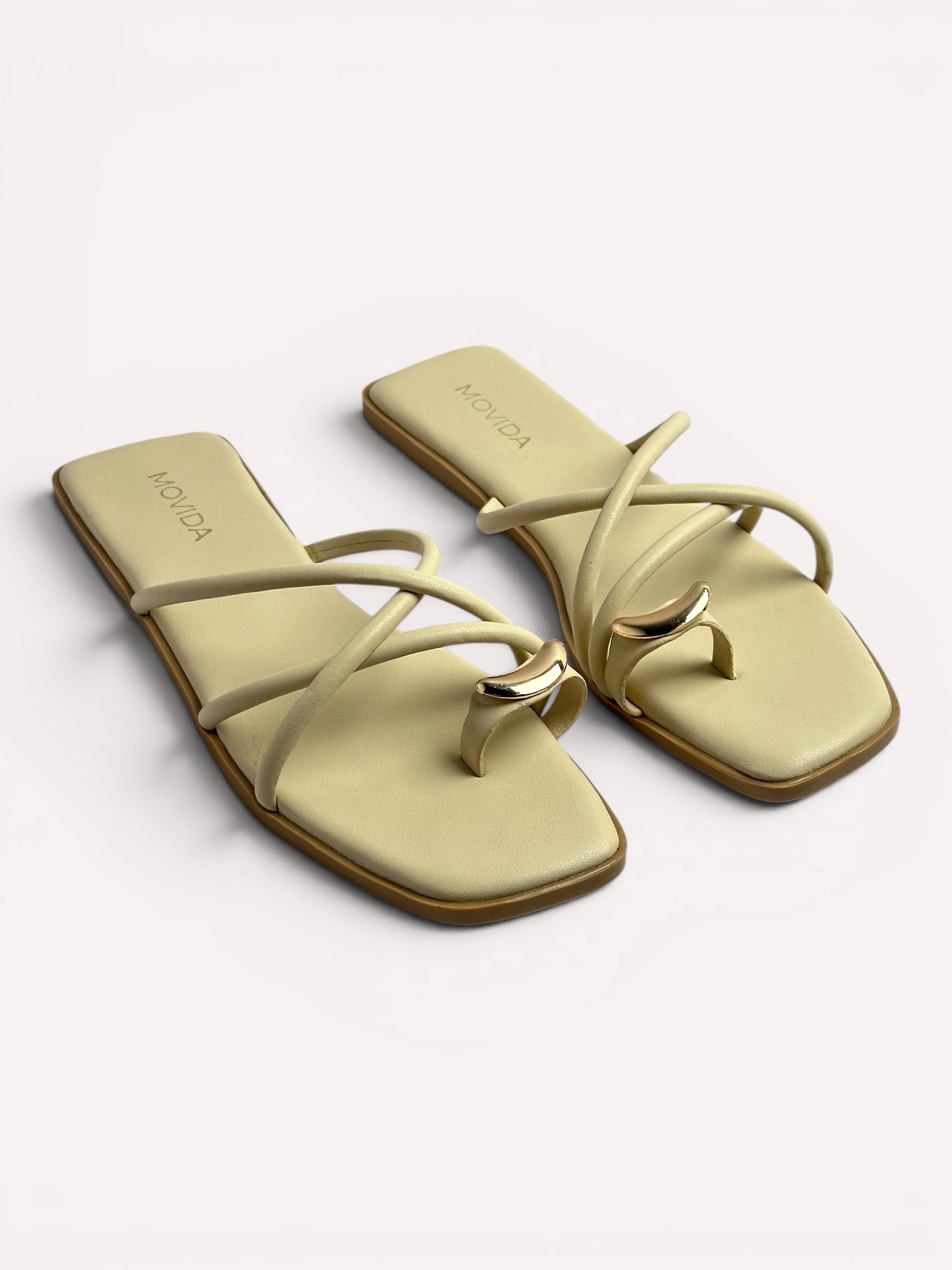 Luna Crescent Multi-Strap Toe Ring Flat Slide - Cream