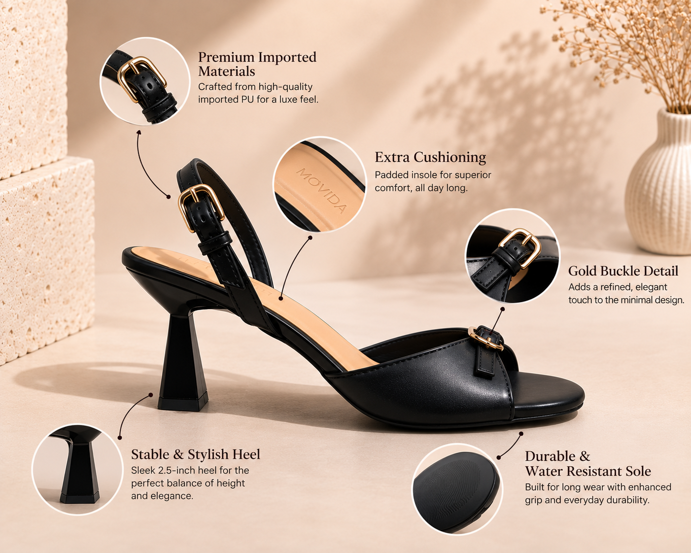 Elara Gold Buckle Strap Trumpet Heel Slingback – Black