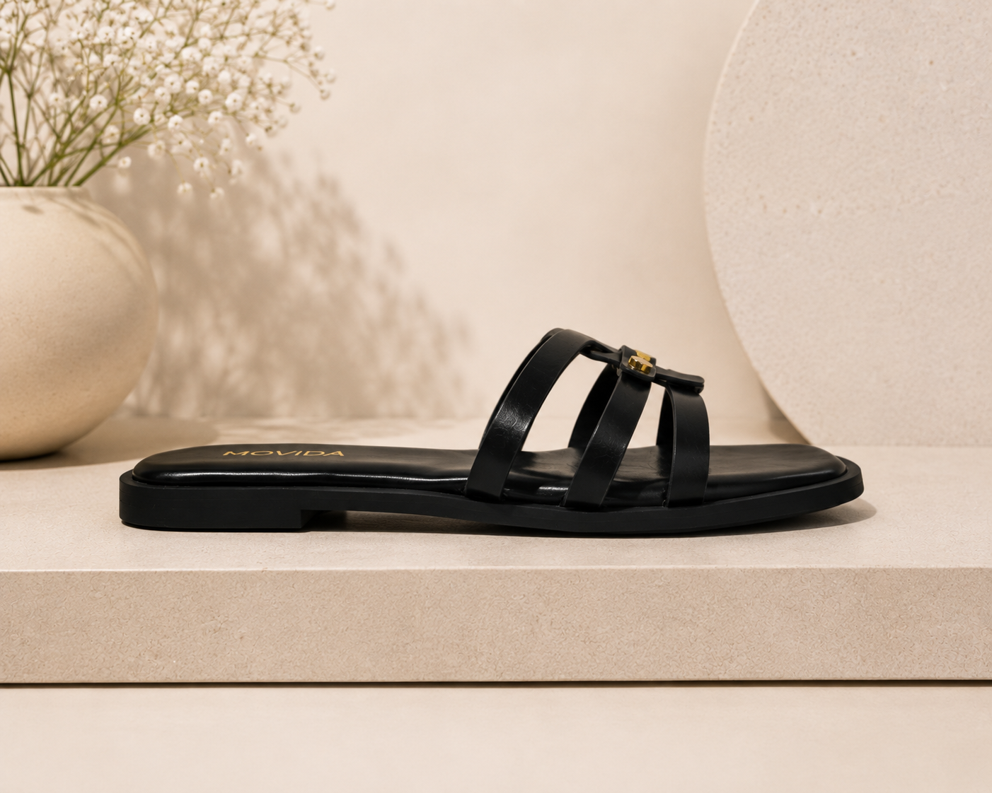 Trio Gold Rivet Triple Strap Flat Slide – Black