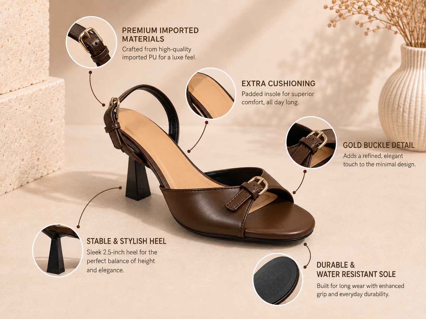 Elara Gold Buckle Strap Trumpet Heel Slingback – Brown