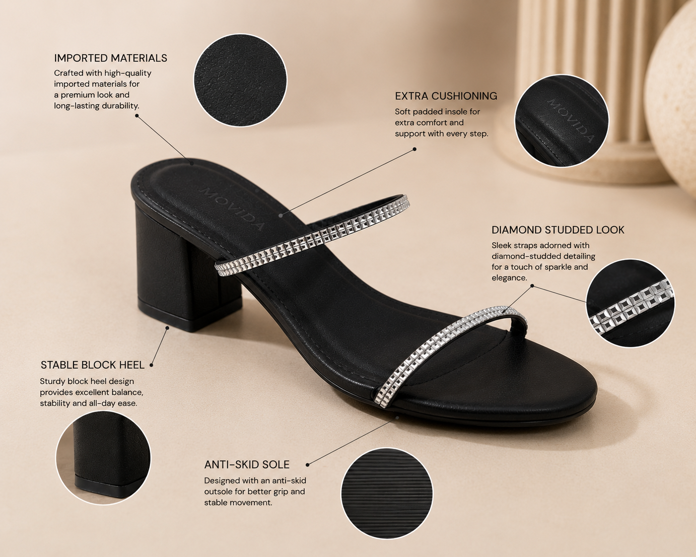 Nova Crystal Strap Block Heel Mule – Black