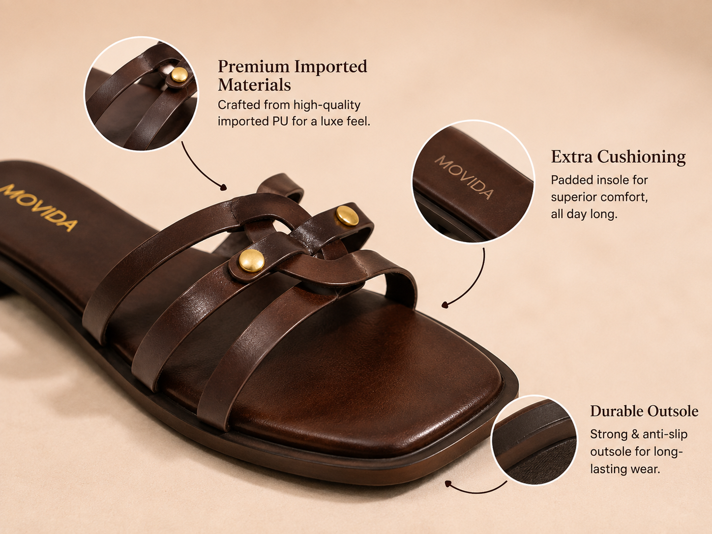 Trio Gold Rivet Triple Strap Flat Slide – Brown