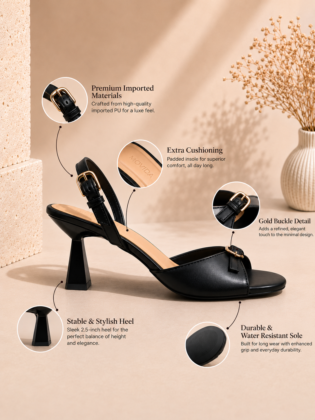 Elara Gold Buckle Strap Trumpet Heel Slingback – Black