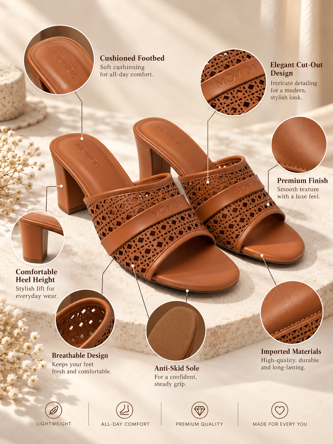 Canela Laser-Cut Mule Block Heel – Tan