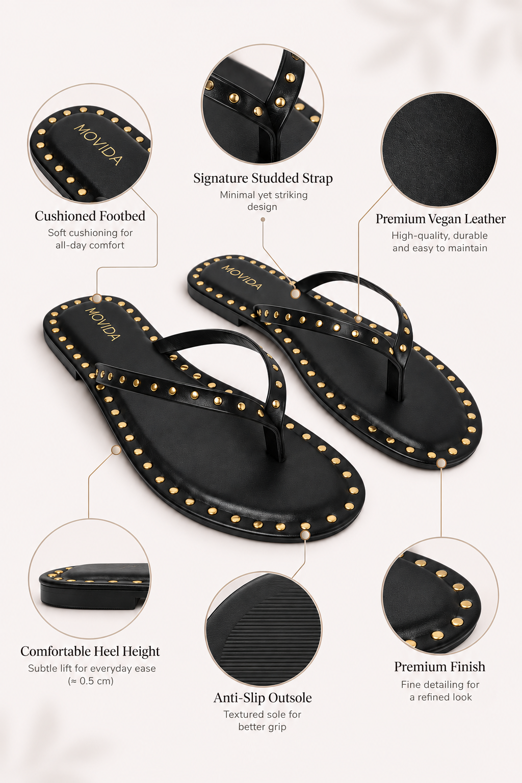 Flat V Straps Strap with Studs Sandal - Black