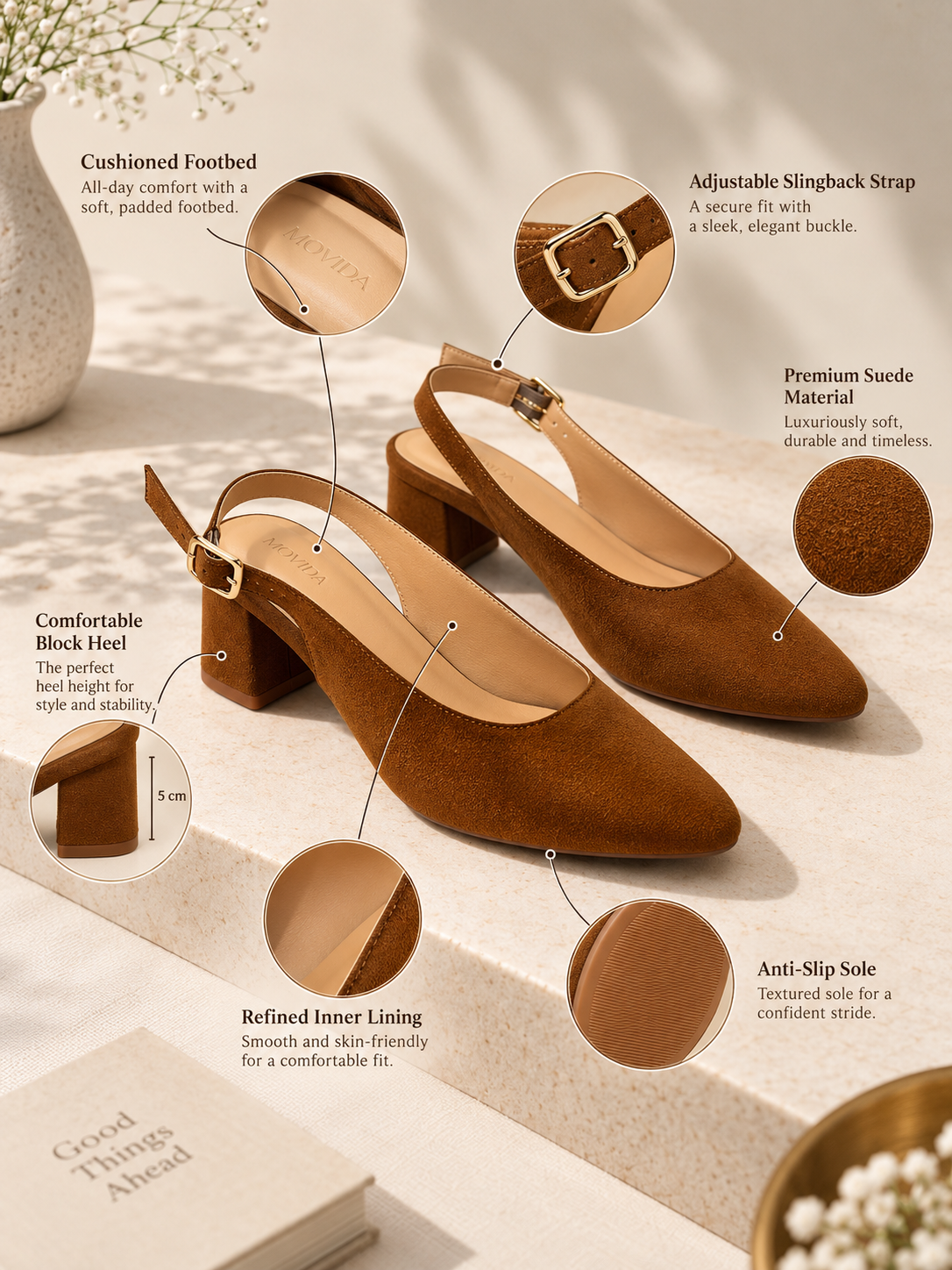 Bardot Pointed-Toe Slingback Block Heel – Tan