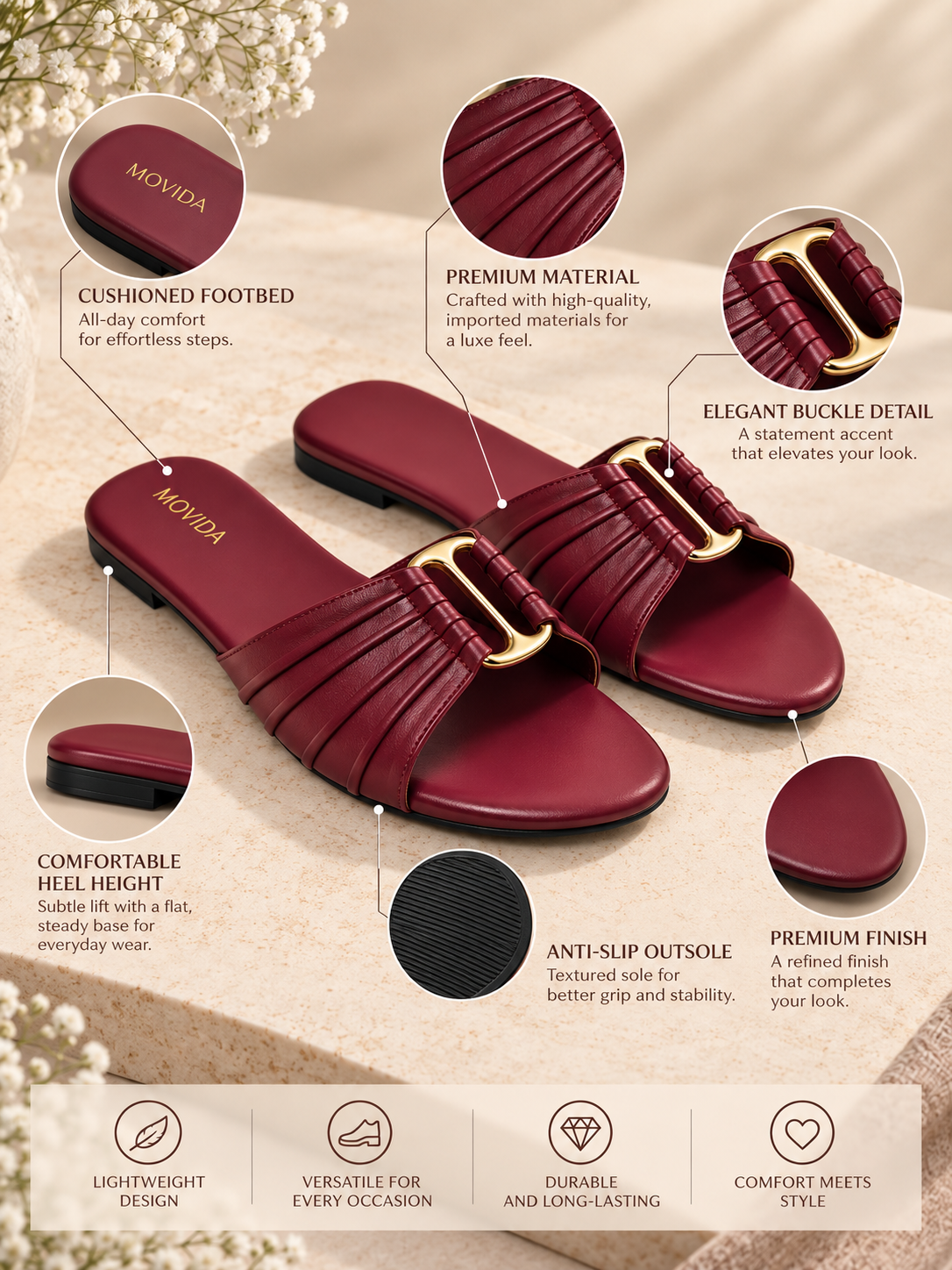 Plisse Gold-Bar Multi-Strap Flat Slide – Maroon