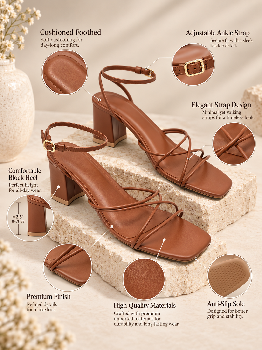 Solana Cross-Strap Flared Block Heel Sandal – Tan