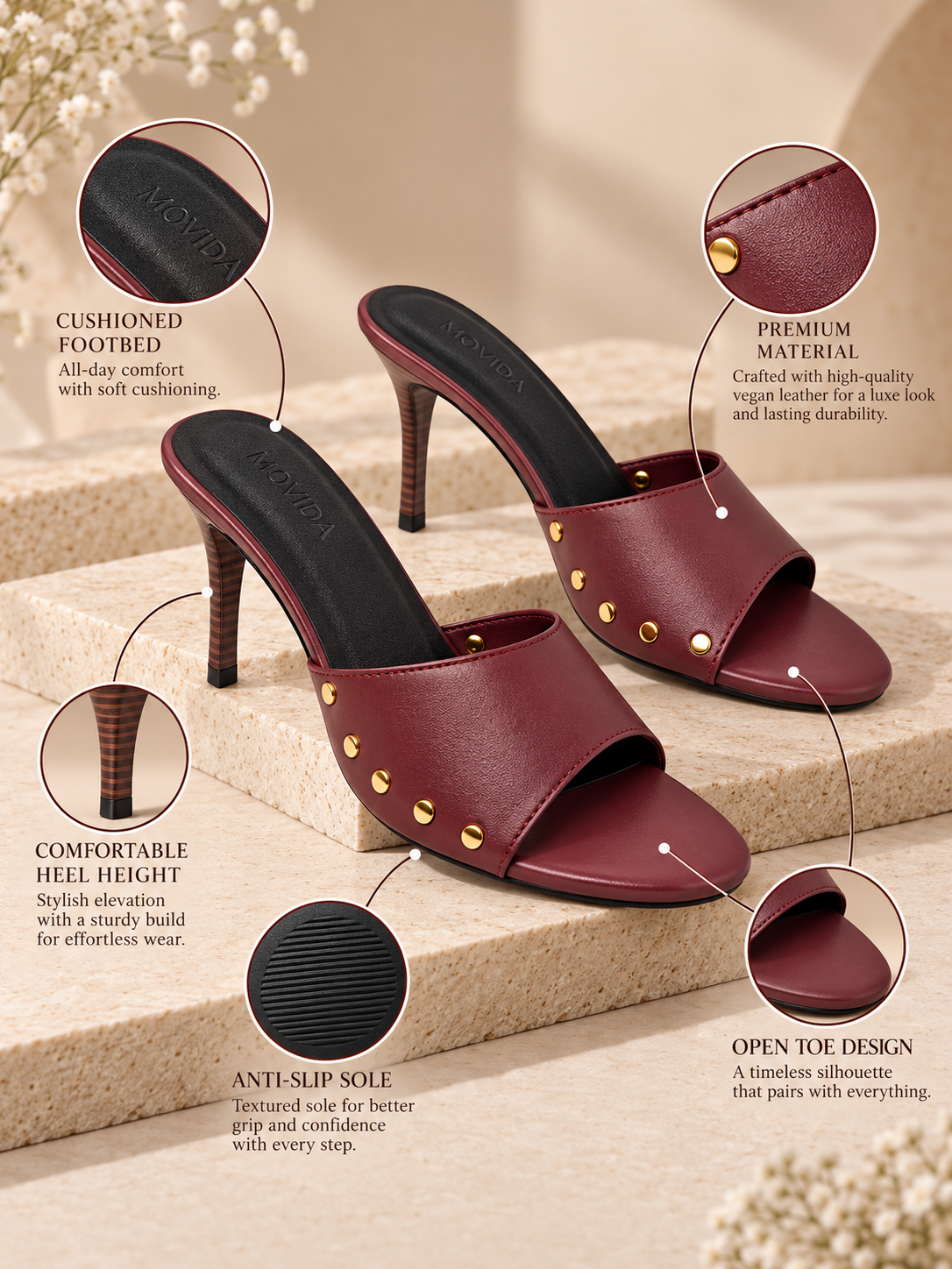 Rocco Gold-Stud Wide-Band Stiletto Mule – Wine