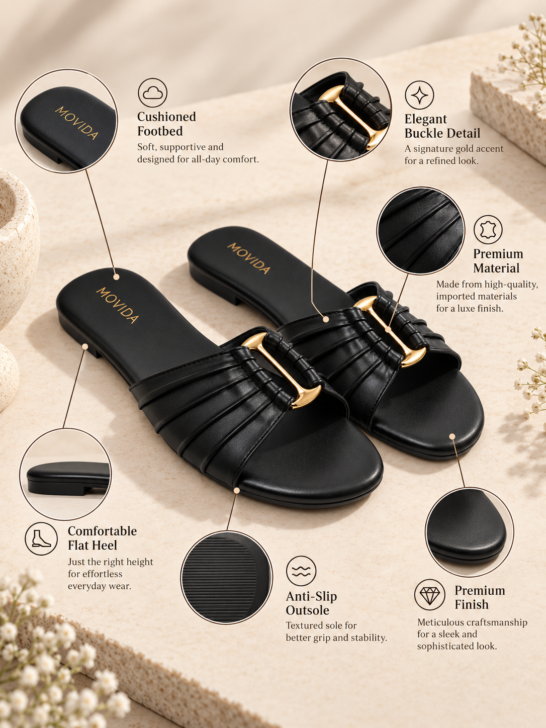 Plisse Gold-Bar Multi-Strap Flat Slide – Black