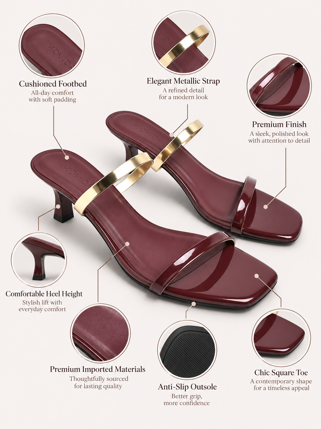 Reva Dual Strap Gold Bar Kitten Heel Mule – Wine