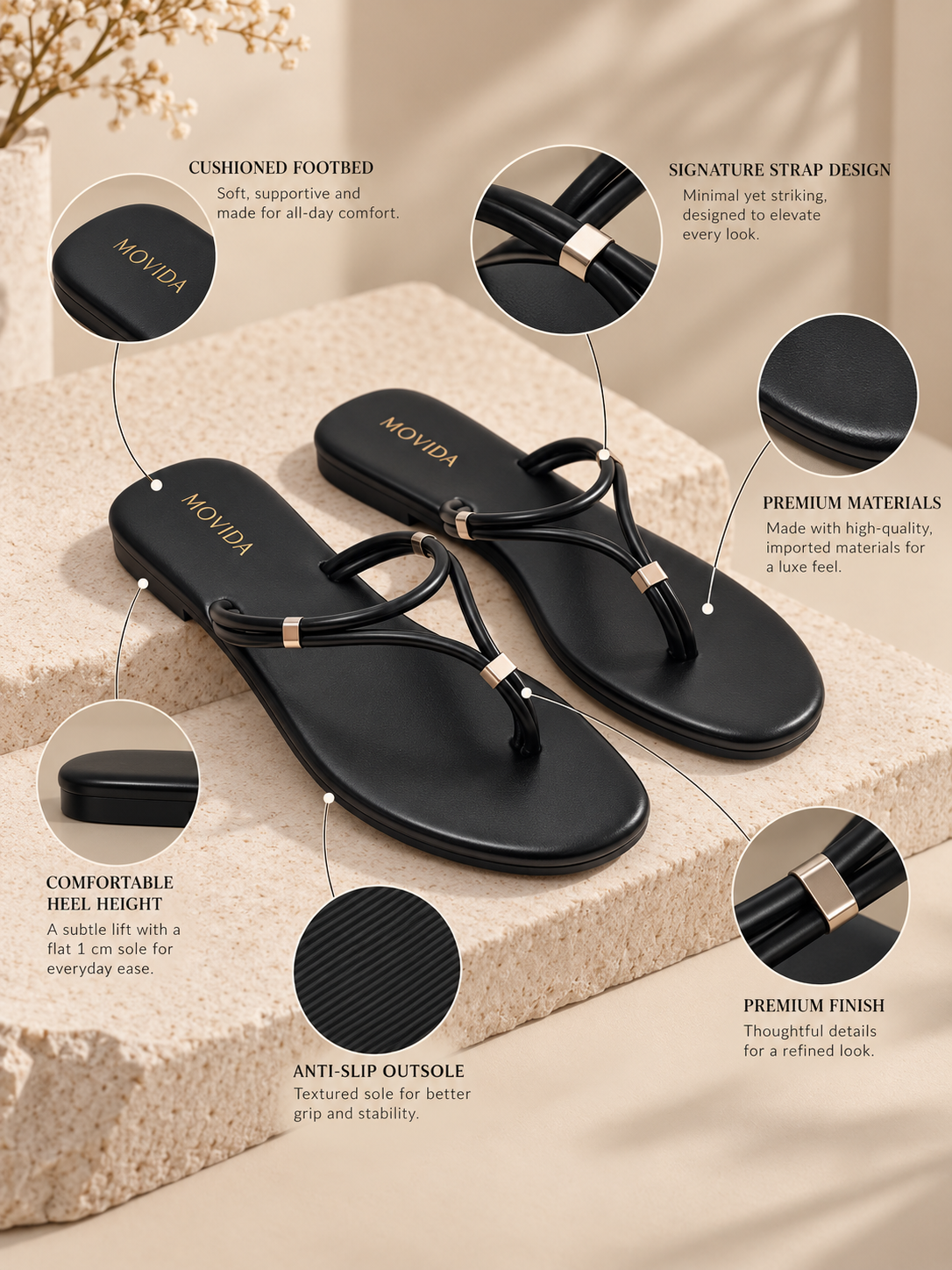 Lino Silver-Trim Dual-Strap Toe-Ring Flat Sandal – Black