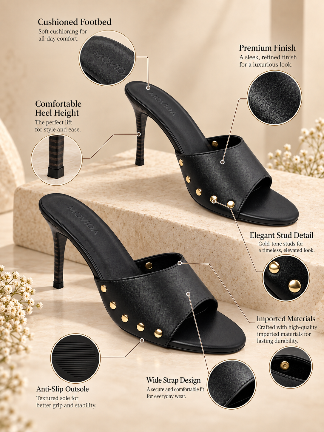 Rocco Gold-Stud Wide-Band Stiletto Mule – Black