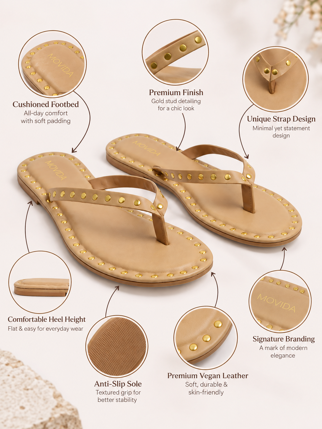 Flat V Straps Strap with Studs Sandal - Light Tan